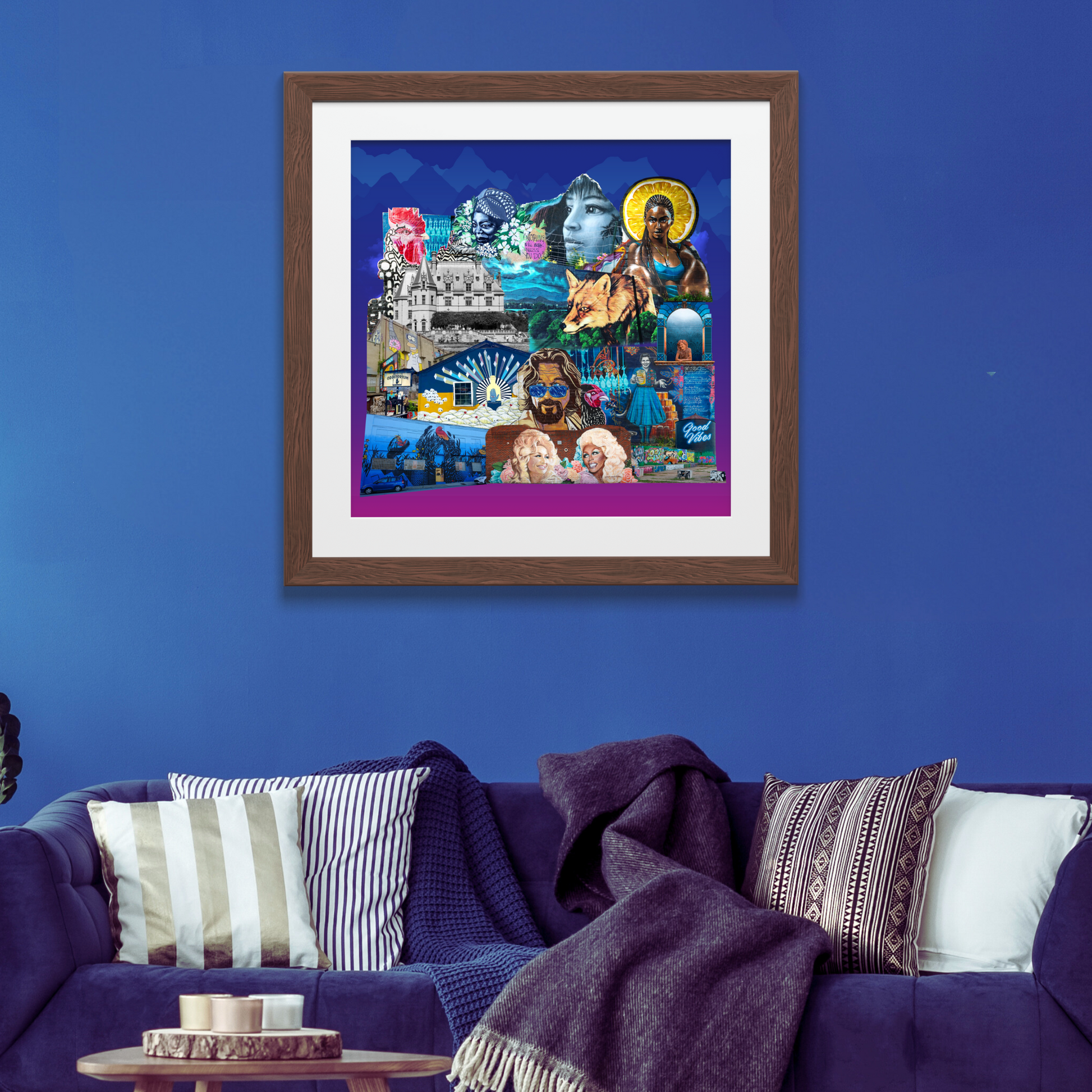 Framed Asheville, NC Wall Art featuring the breathtaking Blue Ridge Mountains, iconic Biltmore Estate, and vibrant street murals, perfect for adding character to any room.