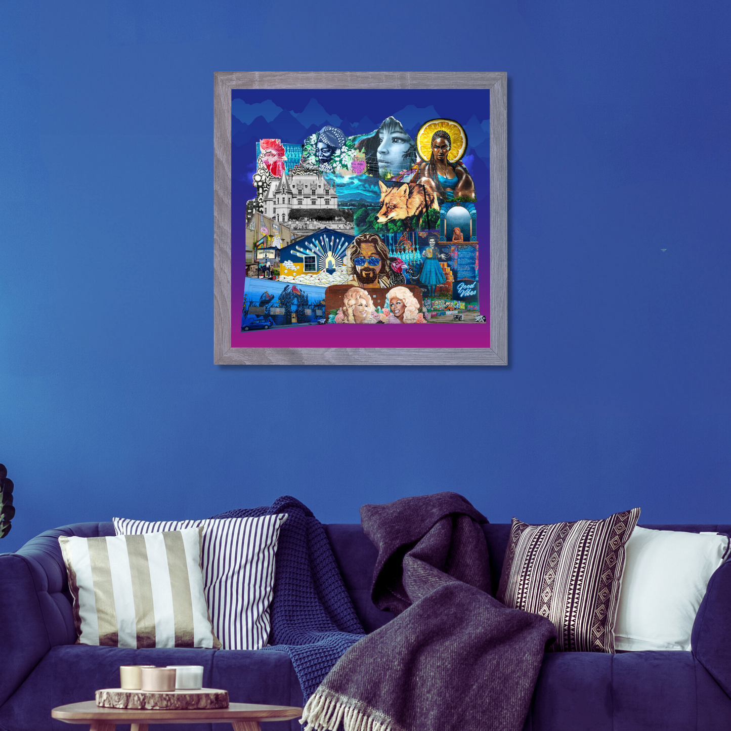 Framed Asheville, NC Art Print hanging on the wall, highlighting the stunning Blue Ridge Mountains, historic Biltmore Estate, and colorful street art for stylish home decor.