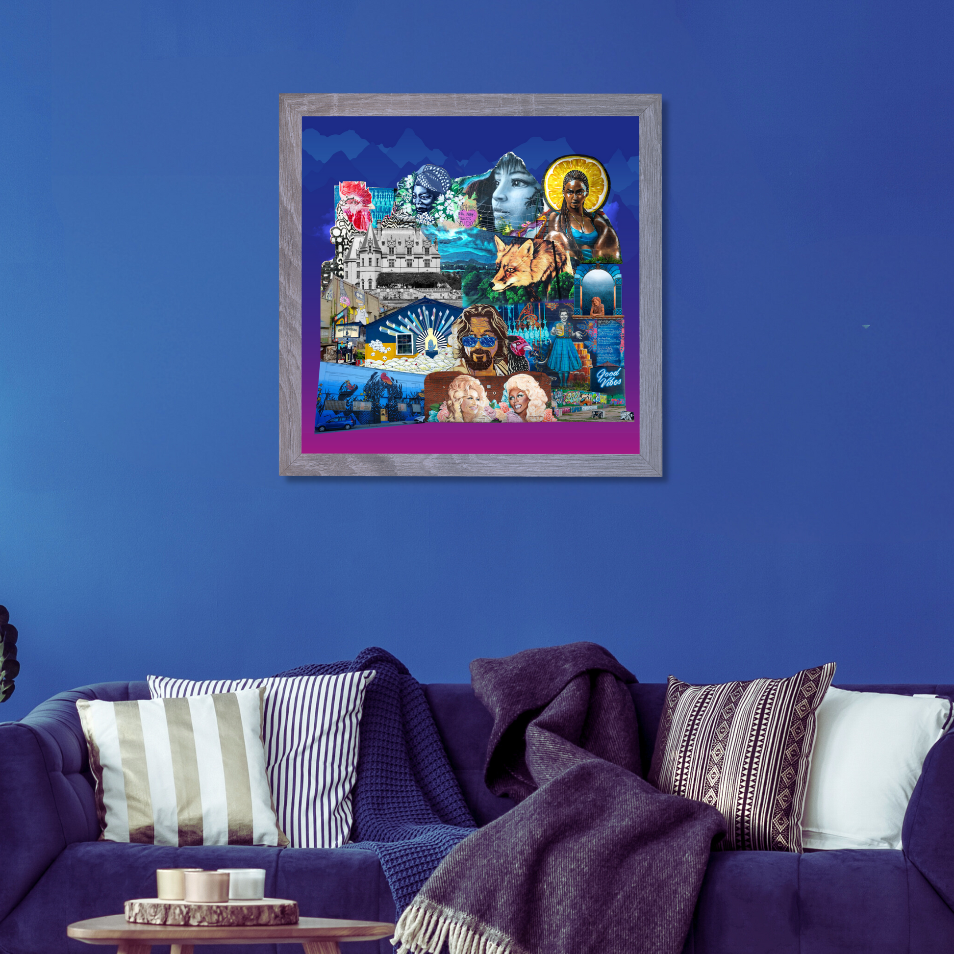 Framed Asheville, NC Art Print hanging on the wall, highlighting the stunning Blue Ridge Mountains, historic Biltmore Estate, and colorful street art for stylish home decor.