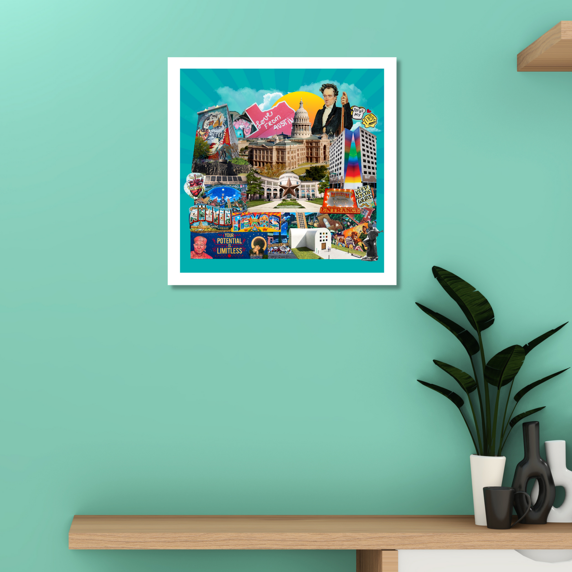 Austin, Texas art print displayed on a wall, featuring colorful street art, cowboy motifs, and symbols of local culture like craft beer, BBQ, and LGBTQ pride. Ideal for home decor.