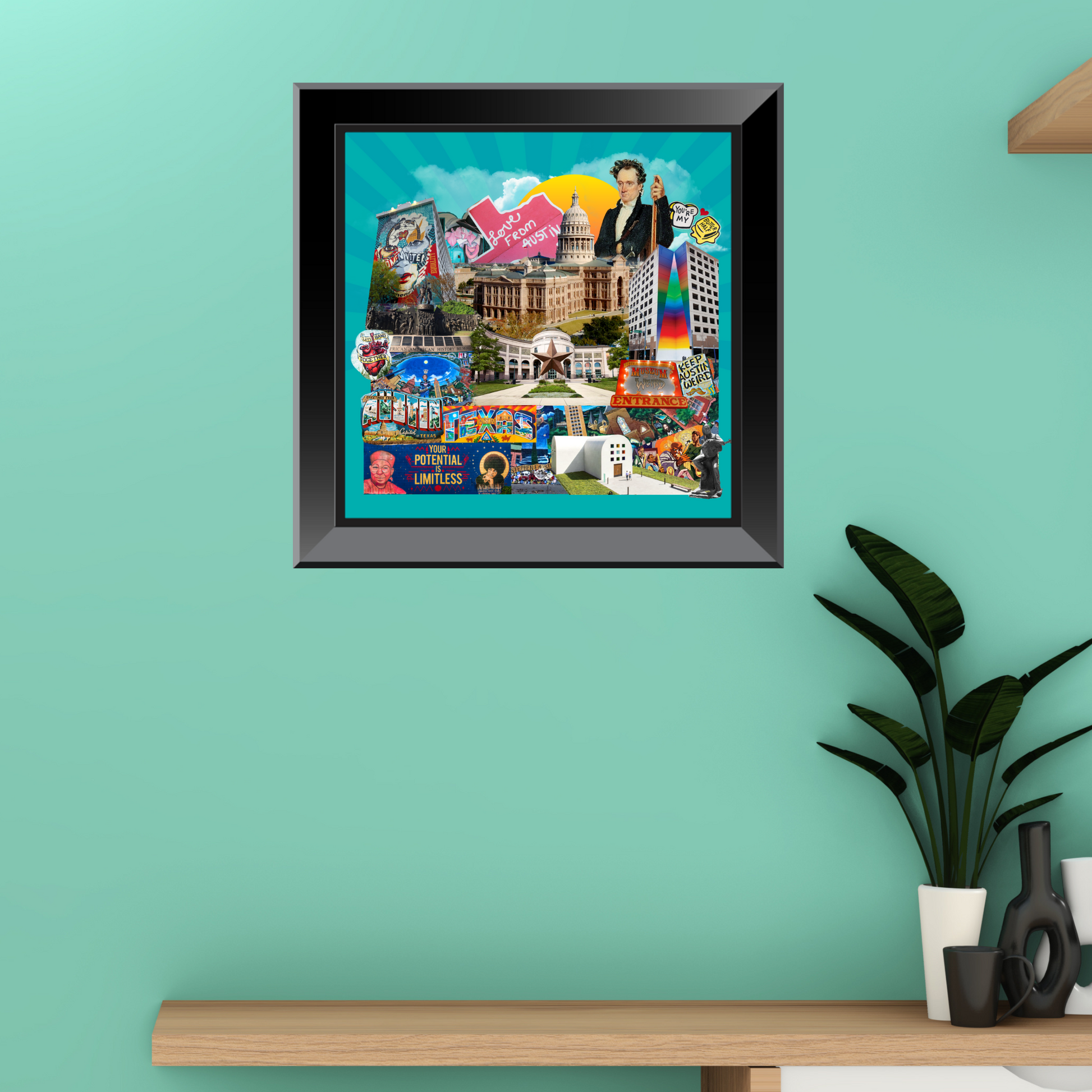 Framed Austin, Texas art print hanging on a wall, capturing the city's eclectic street art, cowboy and desert themes, and symbols of local culture and diversity. A unique addition to any room.