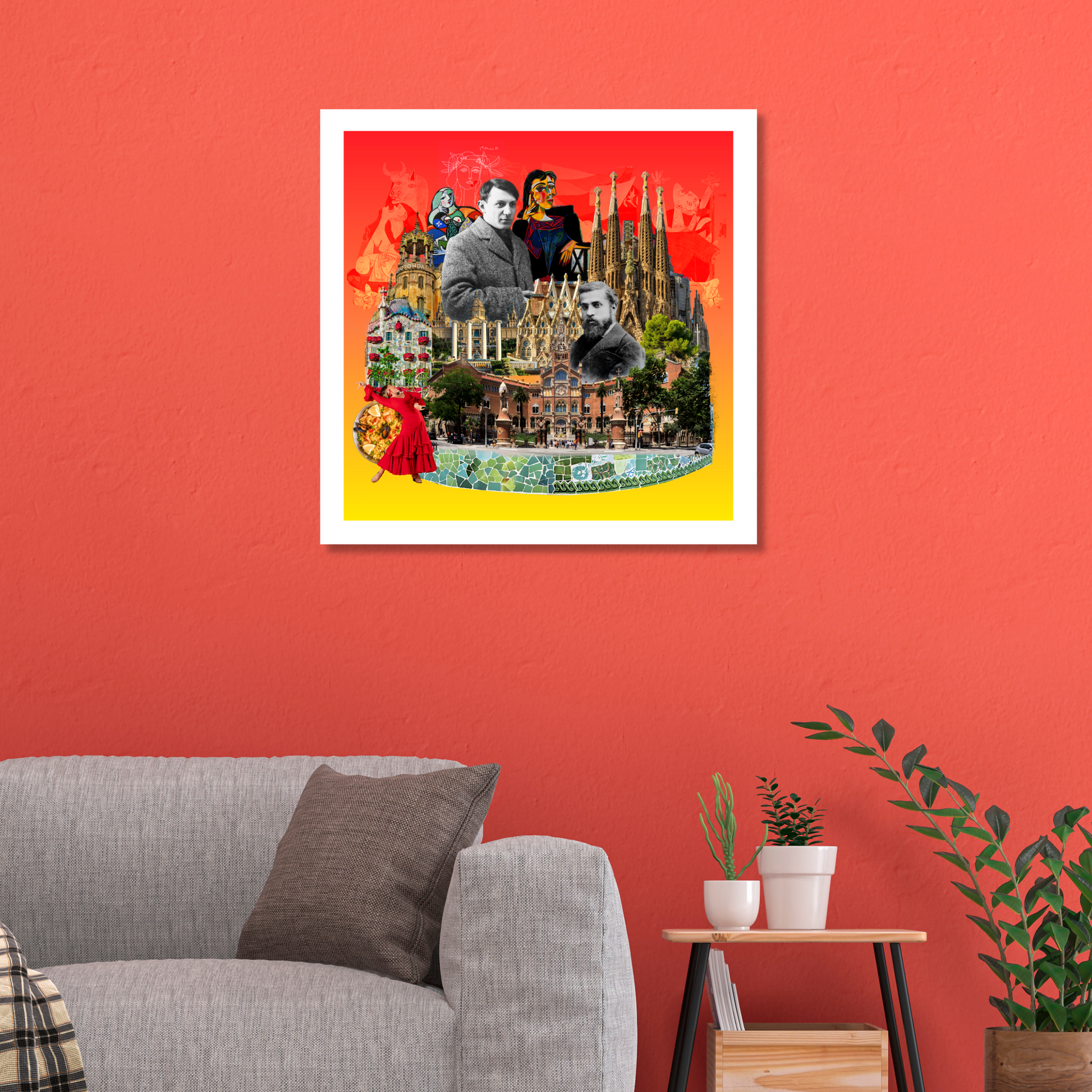 Barcelona, Spain art print displayed on a wall in a home, showcasing the city’s stunning architecture, Catalan Gothic sculptures, and elements of Picasso and Alfredo Arribas art.