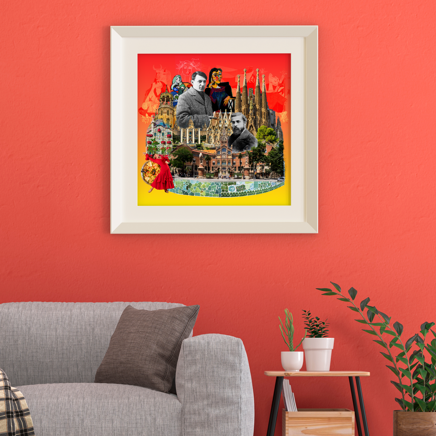 Barcelona, Spain art print framed and hung on the wall, depicting Spanish symbols, Catalan Gothic sculptures, and the artistic influences of Picasso and Alfredo Arribas.