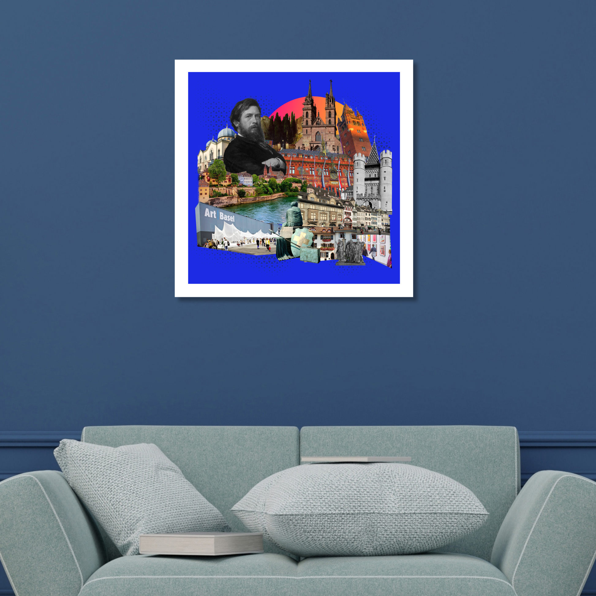 Basel, Switzerland Art Print displayed on a wall at home, featuring vibrant original artwork of the Art Basel festival, emblem of Basel, and iconic street art.