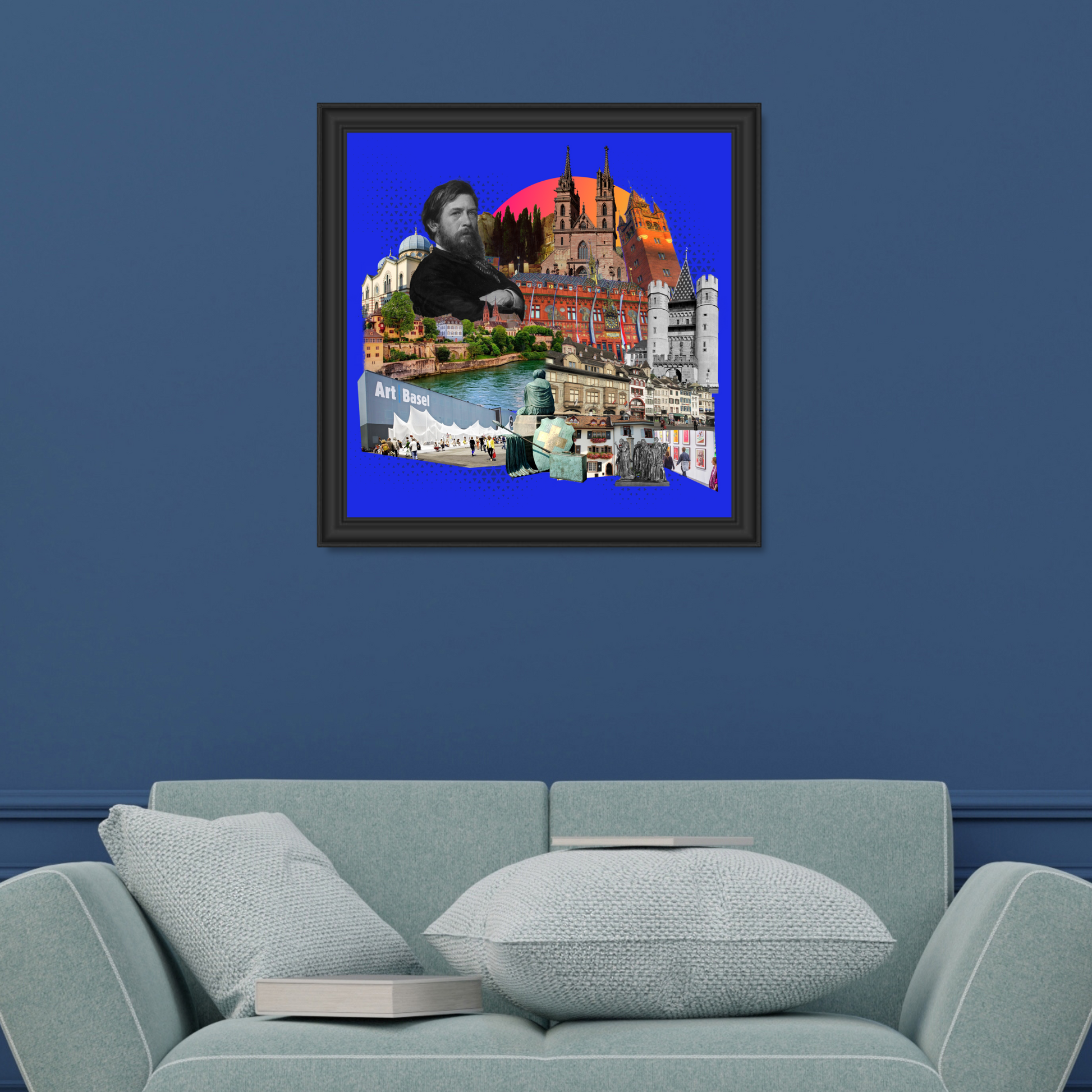 Framed Basel, Switzerland Art Print on a home wall, highlighting the Art Basel festival, emblem of Basel, and famous sculptures, with intricate street art details.