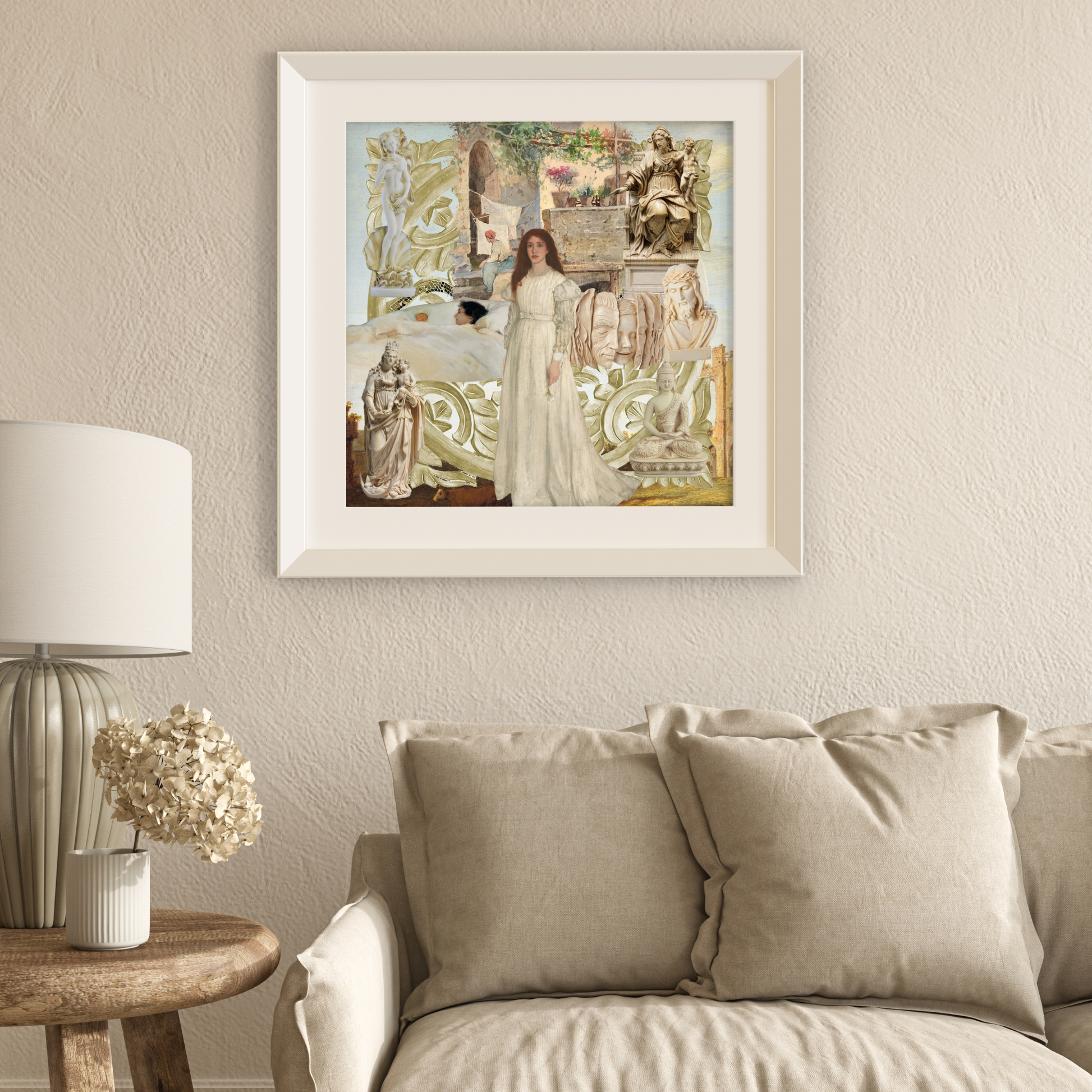 Framed Beige Art Print displayed on the wall, a classic and captivating digital artwork, ideal for elevating the atmosphere of any space.