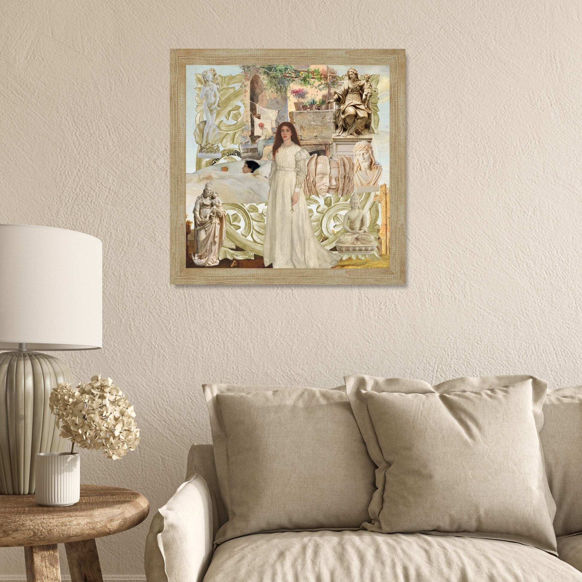 Framed Beige Art Print on wall, a timeless and inviting original digital artwork, perfect for enhancing any room's ambiance