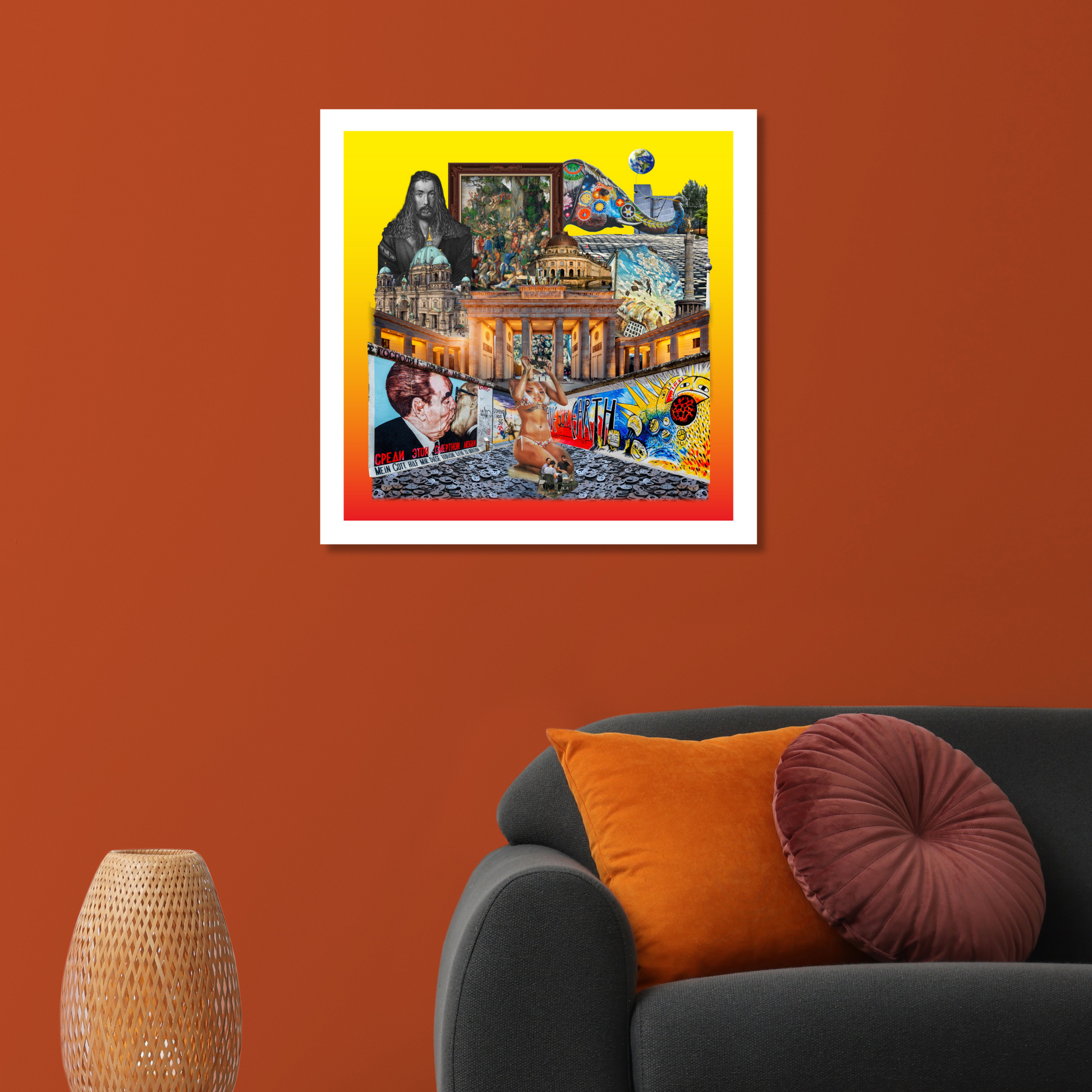 Berlin, Germany Art Print displayed on a home wall, capturing the beautiful architecture of Berlin, including medieval art and highlights from the East Side Gallery.