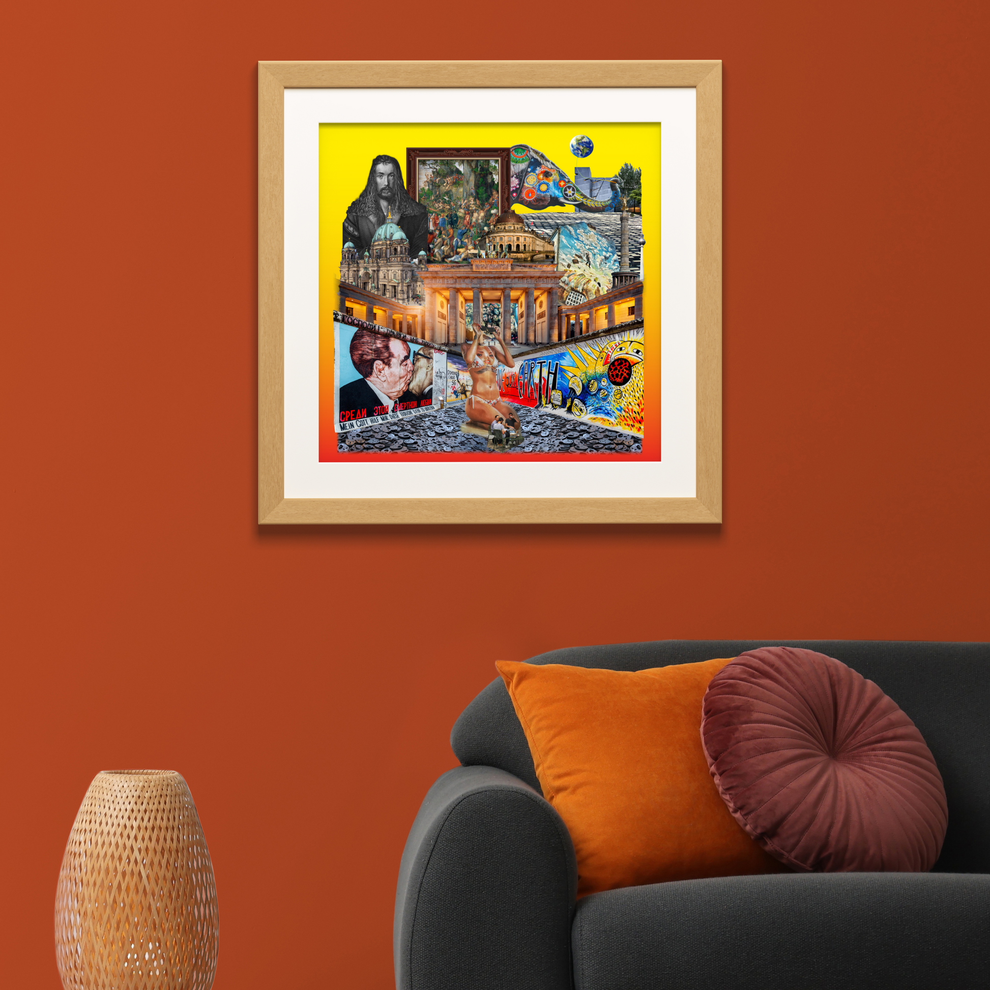 Framed Berlin, Germany Art Print hanging on a wall, illustrating Berlin’s stunning architecture, medieval period art, and elements from the East Side Gallery.
