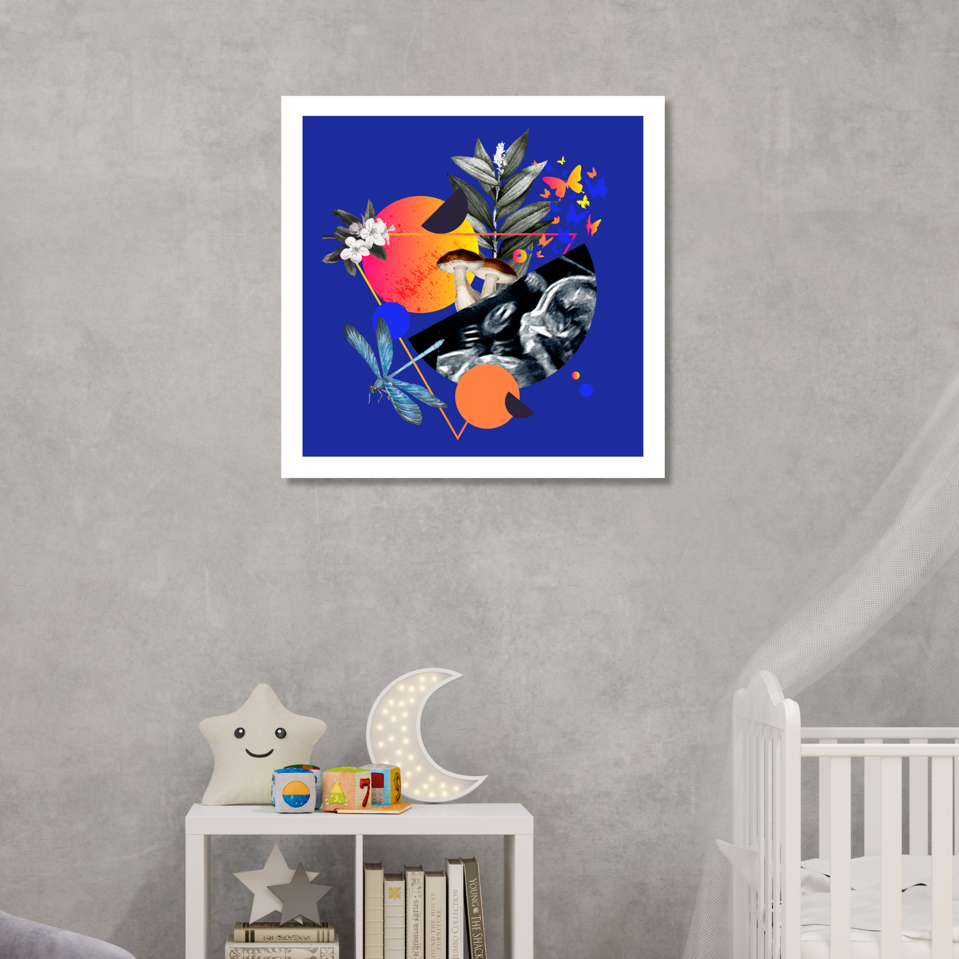 Birth Art Print displayed on a wall in a cozy living room. This original art print adds a touch of elegance and meaning to home decor.