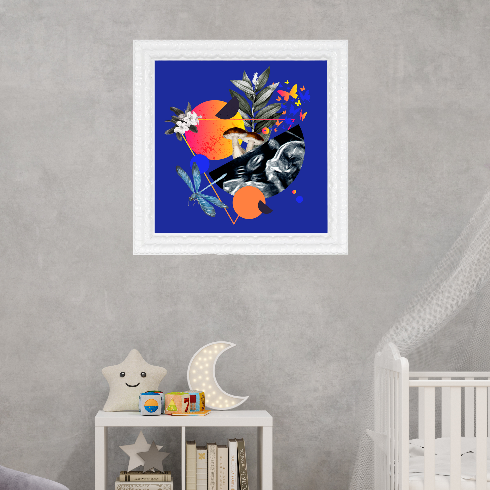 Birth Art Print framed and hanging on a wall in a stylish home office. This digital artwork offers a sophisticated look and profound symbolism.
