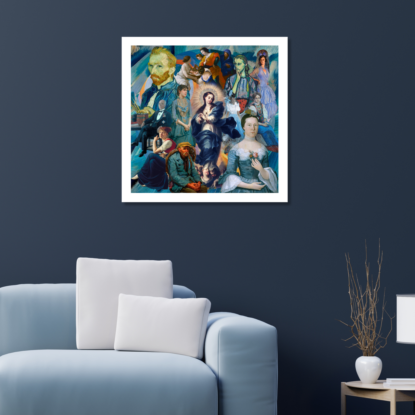 Blue art print displayed on a living room wall, creating a peaceful and calming atmosphere