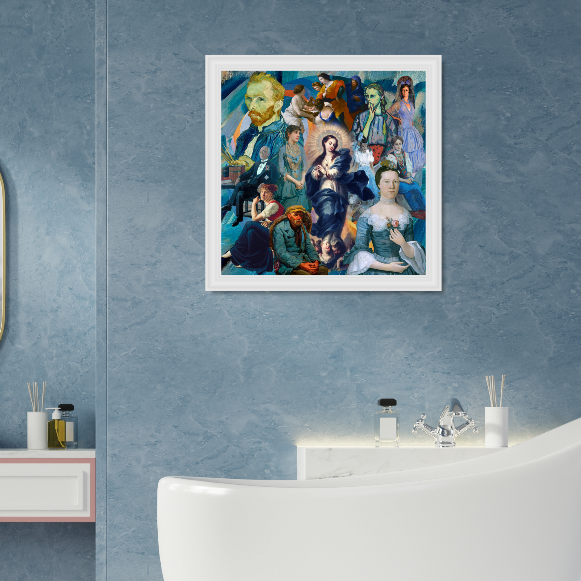 Framed blue art print adorning the wall, enhancing the room with elegance and a sense of spiritual depth.