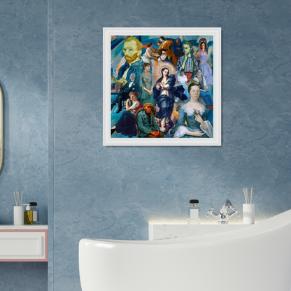 Framed blue art print adorning the wall, enhancing the room with elegance and a sense of spiritual depth.
