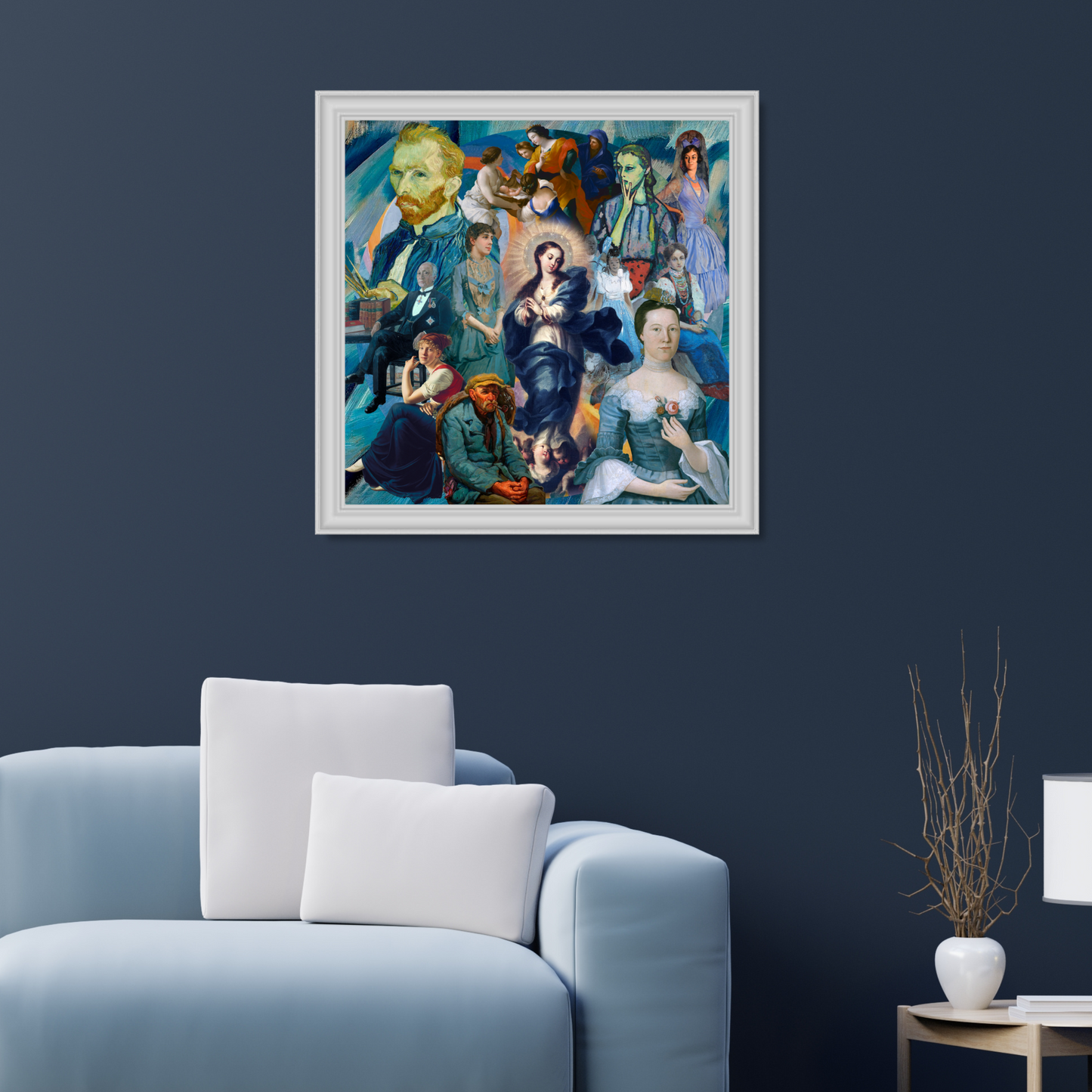 Framed blue art print on the wall, adding sophistication and spiritual depth to the room