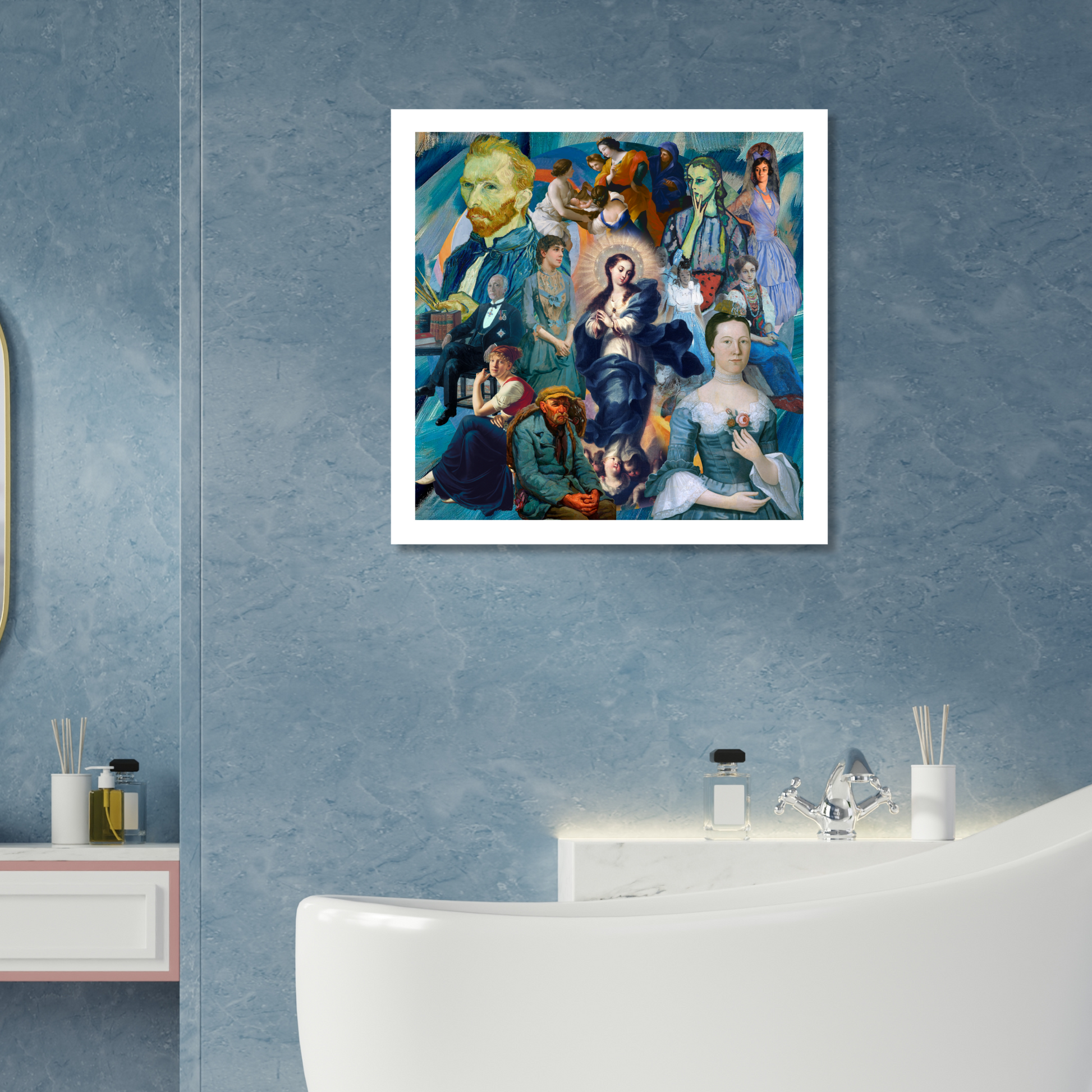 Blue art print showcased on a living room wall, bringing a serene and tranquil ambiance to the space.