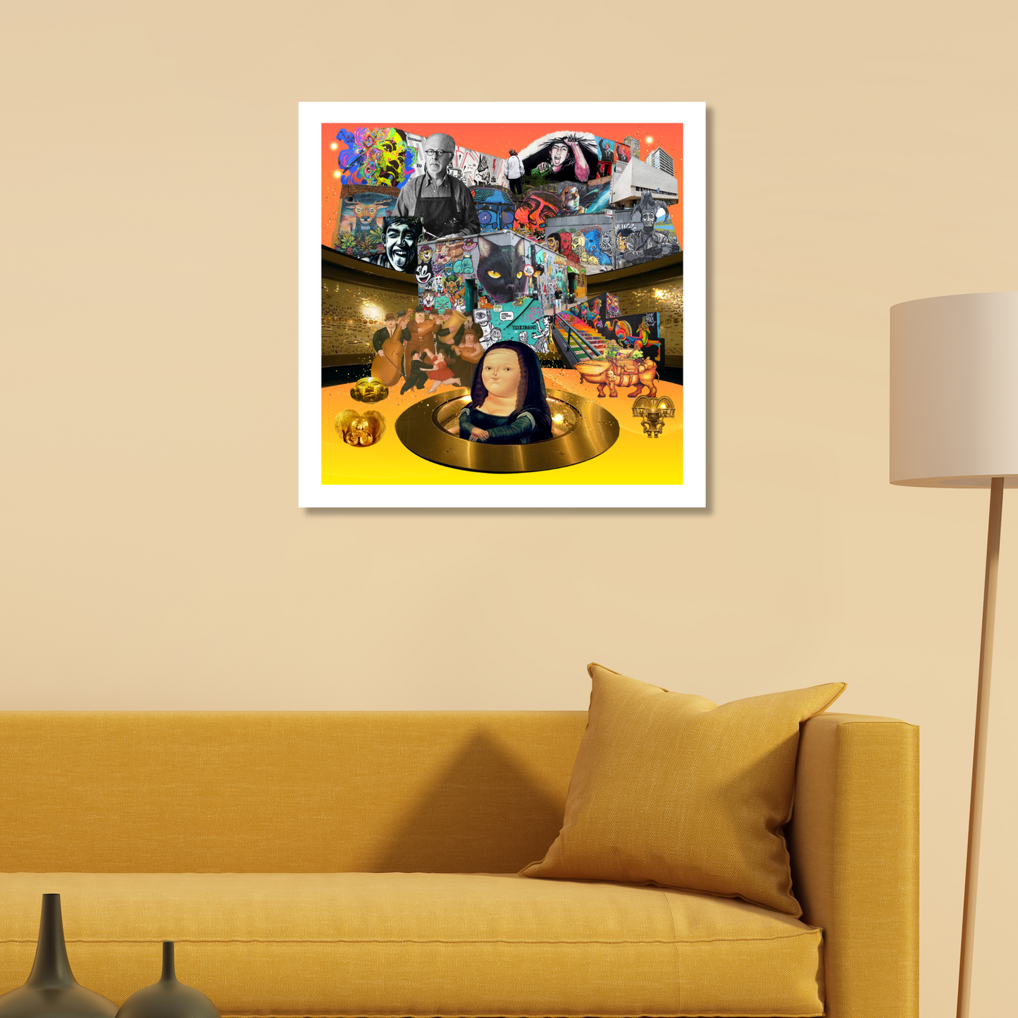 Bogotá, Colombia Art Print displayed on a home wall, showcasing colorful graffiti and street art inspired by Spanish culture and local markets