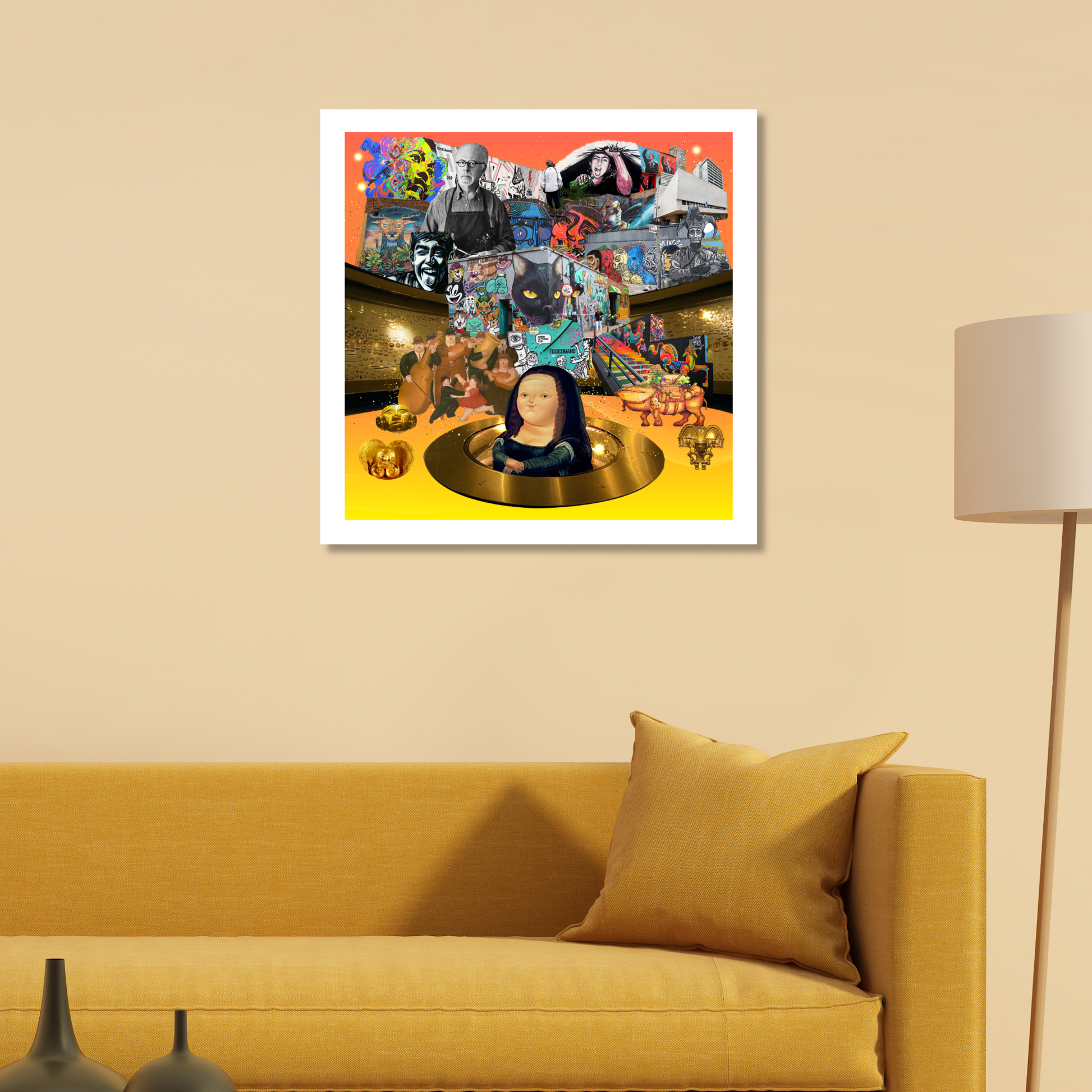 Bogotá, Colombia Art Print displayed on a home wall, showcasing colorful graffiti and street art inspired by Spanish culture and local markets