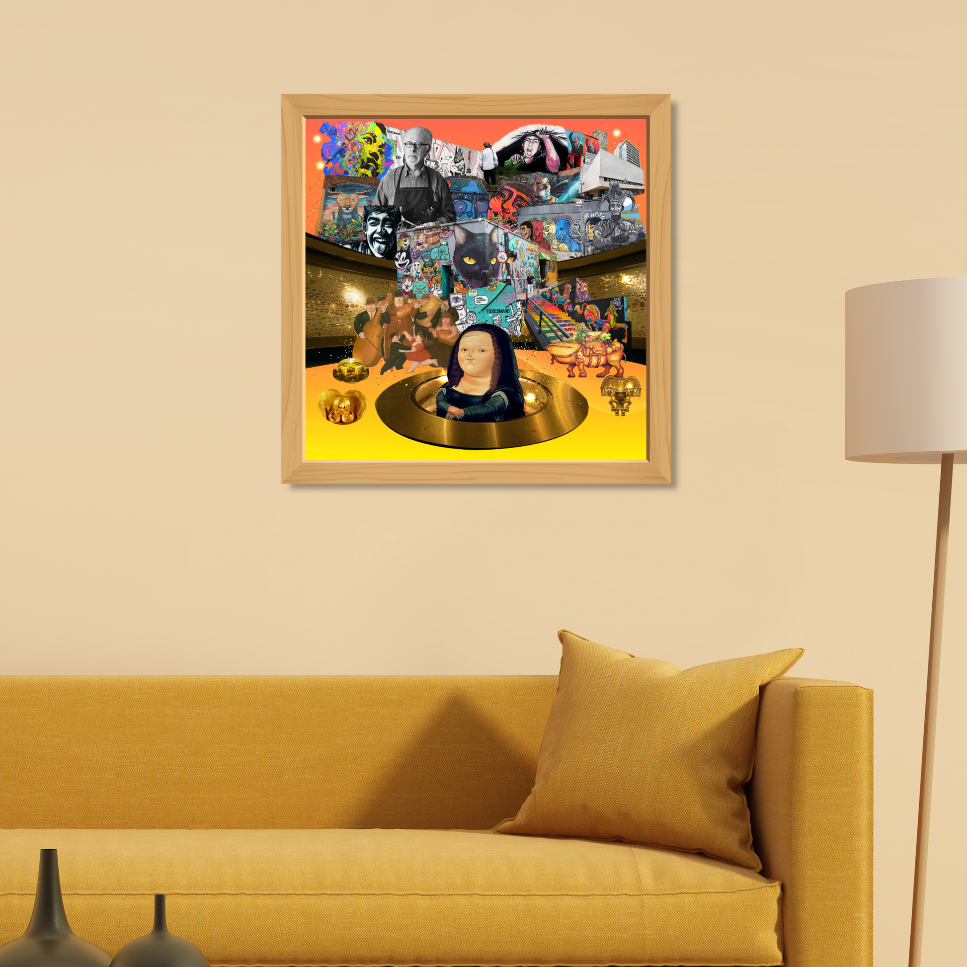 Framed Bogotá, Colombia Art Print hanging on a home wall, featuring dynamic graffiti and street art, highlighting Spanish cultural elements and vibrant market scenes.
