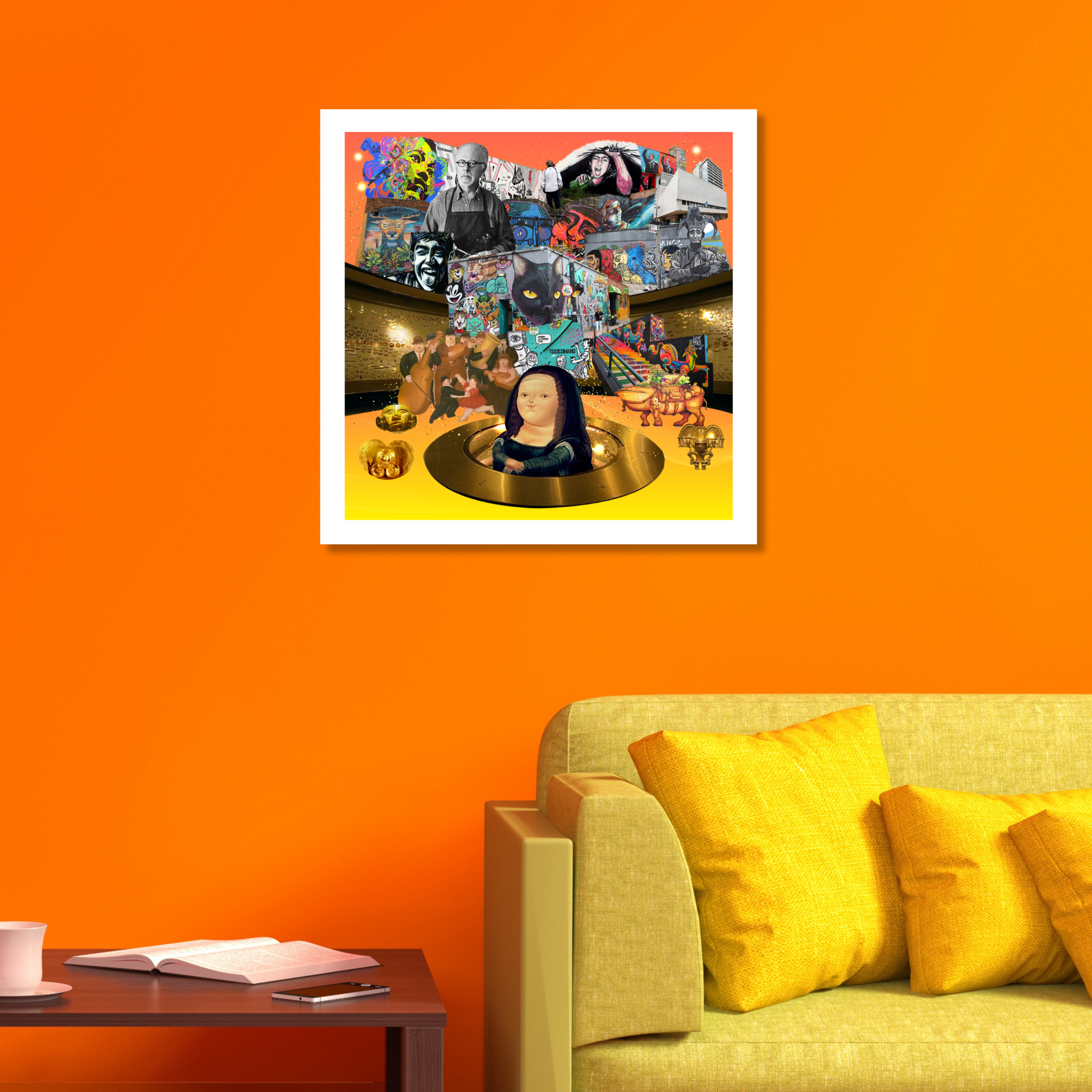 Bogotá, Colombia Art Print displayed on a home wall, featuring vibrant graffiti and street art inspired by Spanish culture and the lively atmosphere of local markets.
