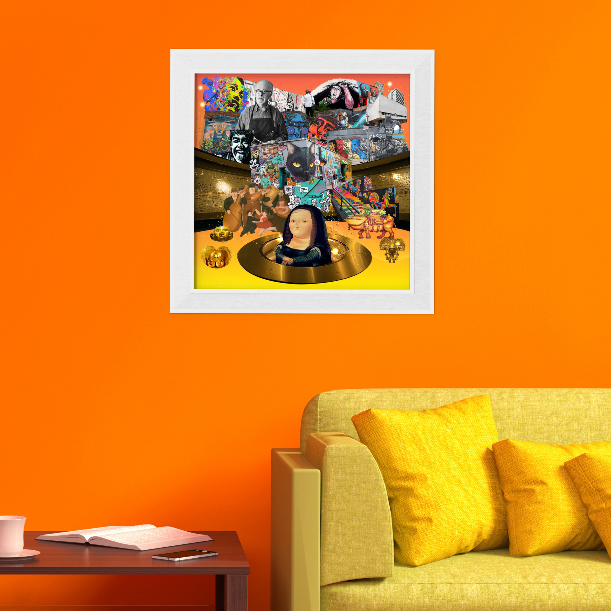 Framed Bogotá, Colombia Art Print hanging on a home wall, showcasing dynamic graffiti and street art with Spanish cultural influences and vibrant market scenes.
