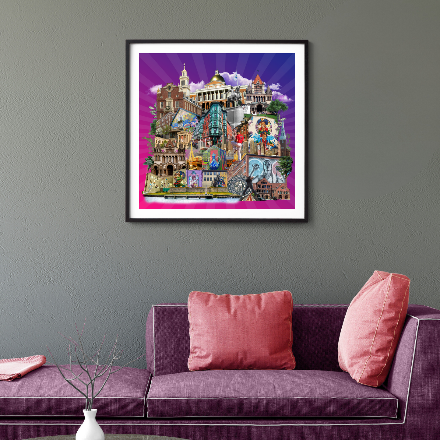 Framed Boston, Massachusetts Art Print hanging on a wall in a home, featuring detailed original collage of Boston’s rich cultural elements like the Boston Red Sox, street art, and the Boston Tea Party.