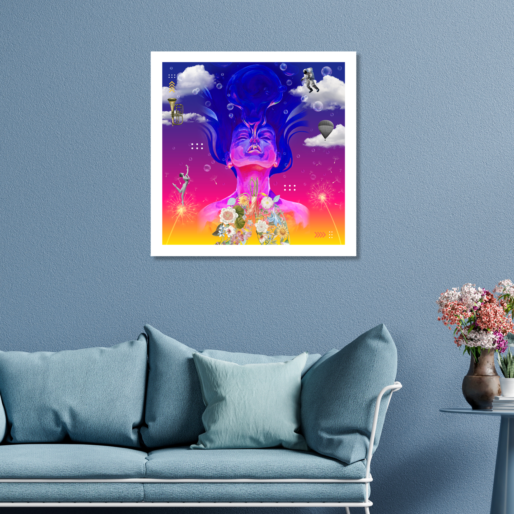 Breath Art Print displayed in a modern living room. The print features a girl underwater with floral lungs, a trumpet, and a spaceman, capturing themes of breath, life, and transformation.
