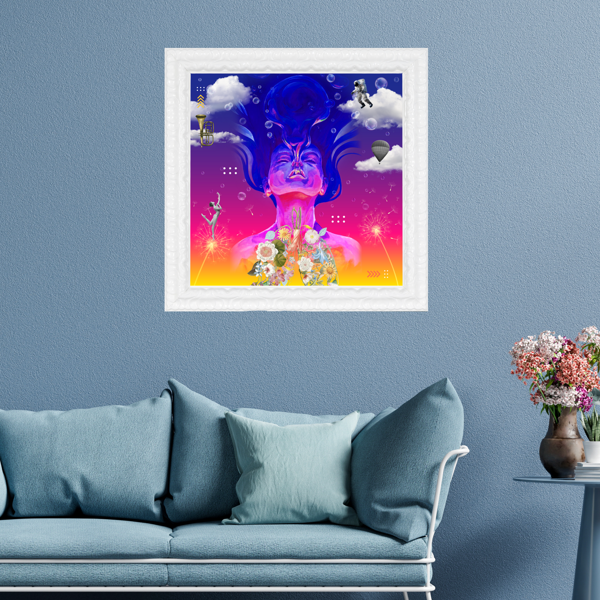 Framed in white Breath Art Print in a stylish living room. The artwork showcases a girl breathing underwater, flower-shaped lungs, a trumpet, and a spaceman, symbolizing renewal and serenity.