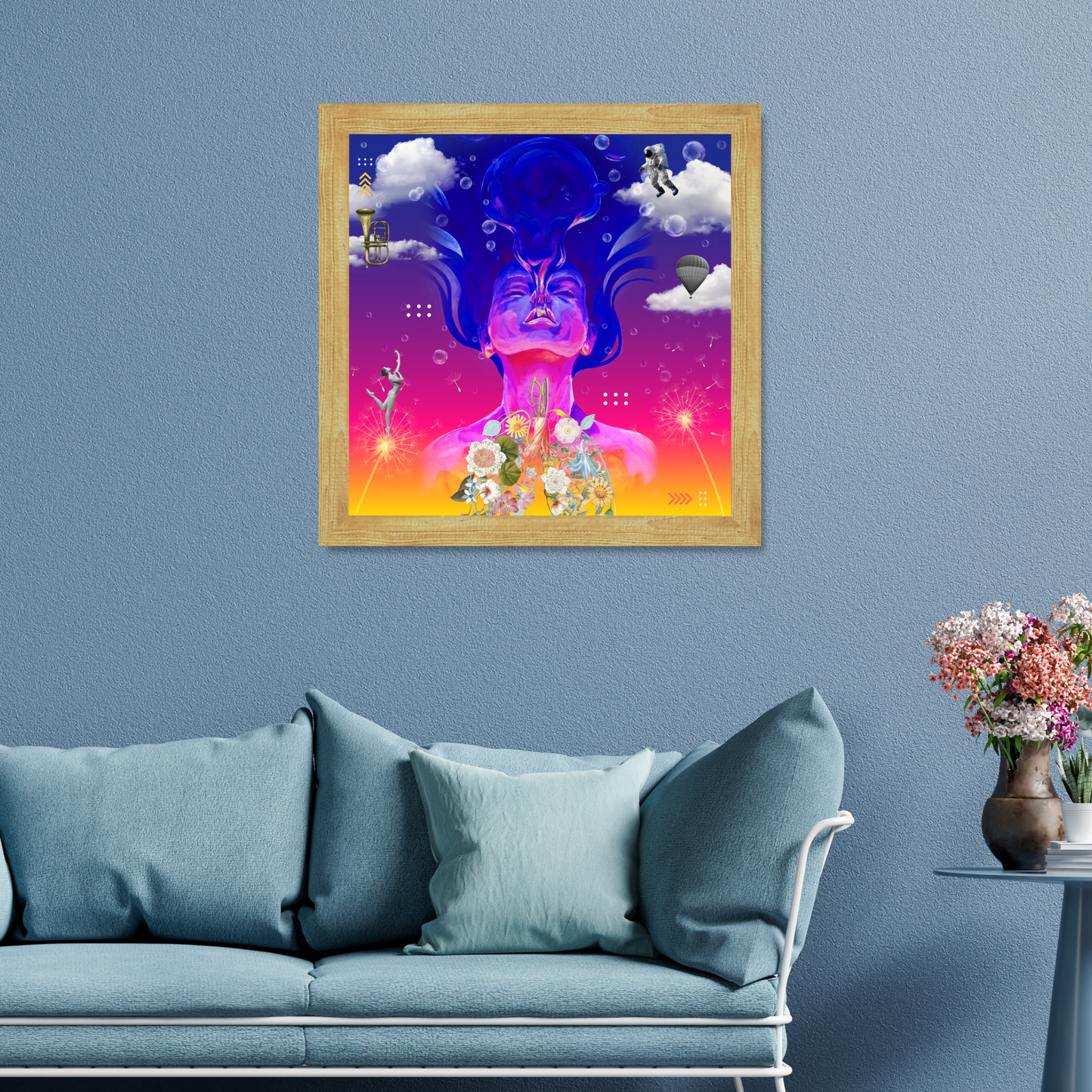 Framed in brown Breath Art Print in a stylish living room. The artwork showcases a girl breathing underwater, flower-shaped lungs, a trumpet, and a spaceman, symbolizing renewal and serenity.