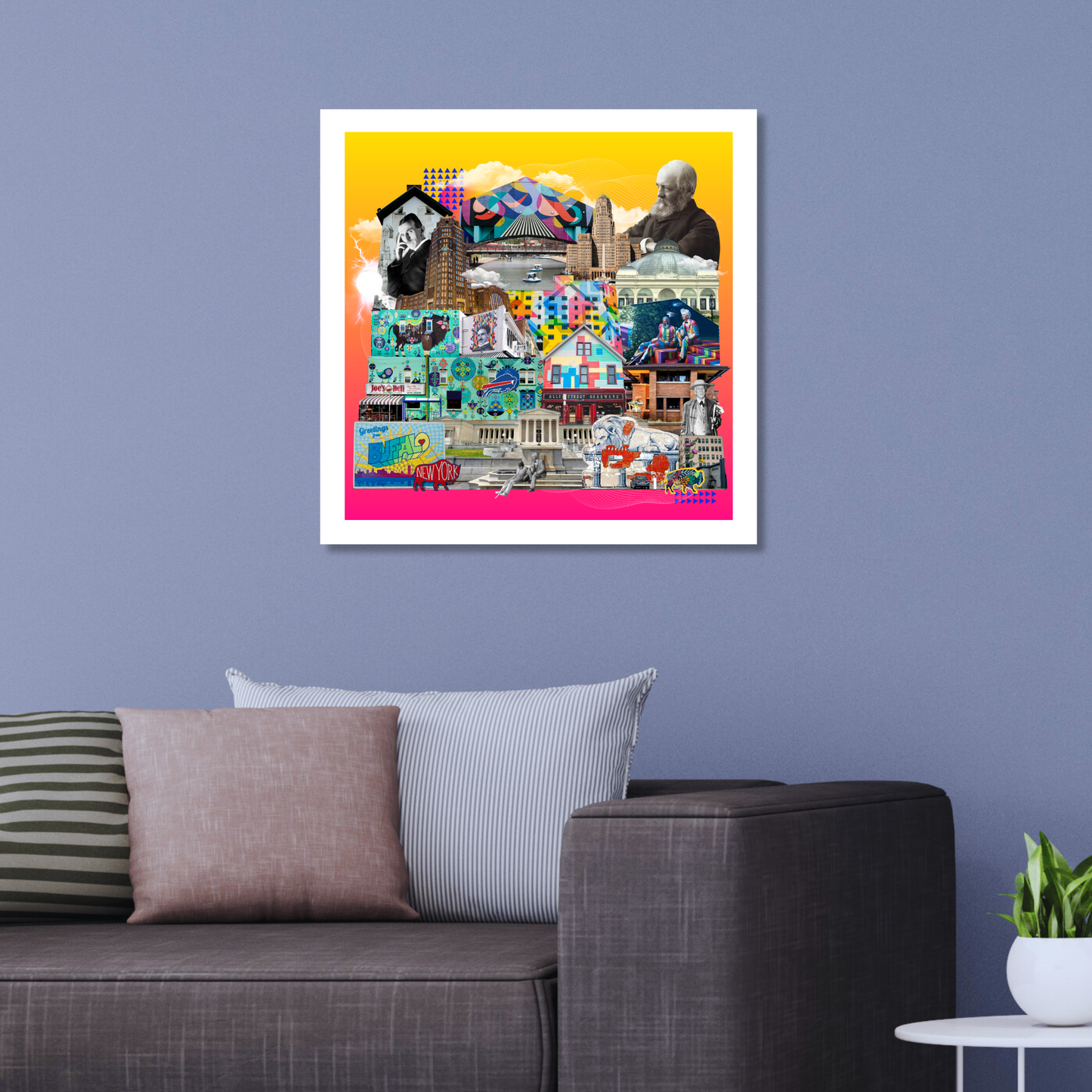Buffalo, New York Art Print displayed on a wall, showcasing vibrant Buffalo paintings, iconic murals, and Buffalo wings symbols. Perfect for adding character to any room.
"displayed on a wall, showcasing vibrant Buffalo paintings, iconic murals, and Buffalo wings symbols. Perfect for adding character to any room.