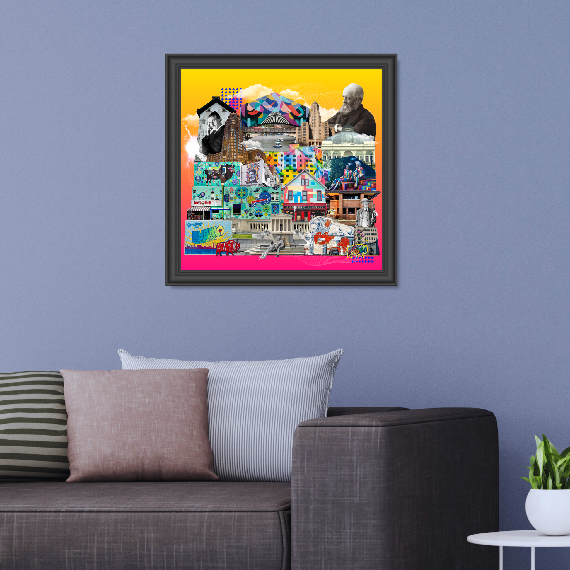 Framed Buffalo, NY Art Print hanging on a wall, highlighting Frank Lloyd Wright architecture, Canalside scenes, and Cheerio symbols. A sophisticated touch for home or office.