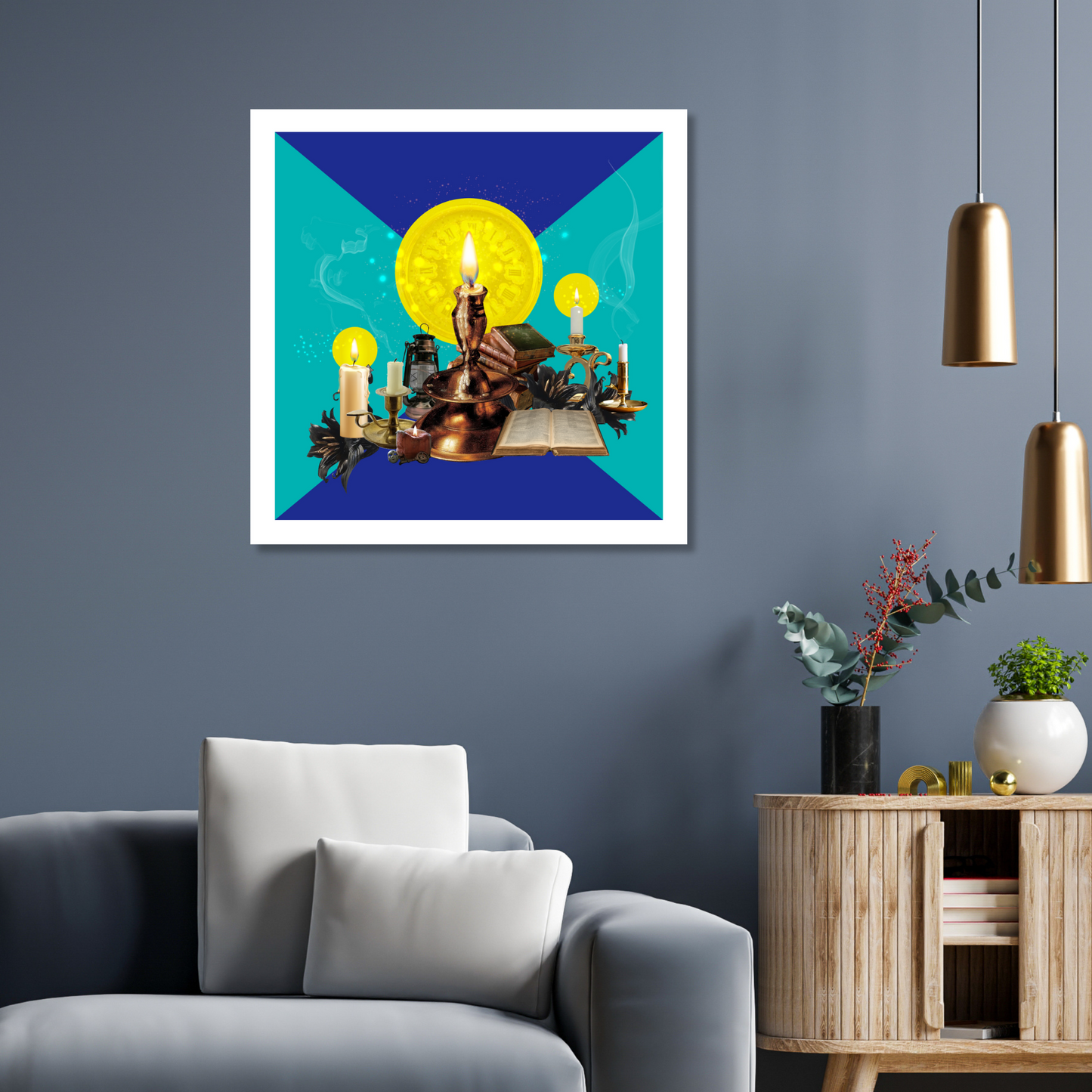 Candles Art Print displayed on a wall in a stylish home setting, showcasing intricate digital artwork that captures the serene glow of candles, enhancing the decor.