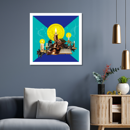 Candles Art Print displayed on a wall in a stylish home setting, showcasing intricate digital artwork that captures the serene glow of candles, enhancing the decor.
