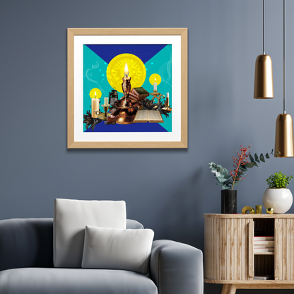 Framed Candles Art Print hanging on the wall of a modern home, featuring high-quality digital artwork with elegant candle designs, adding refined warmth to the space.