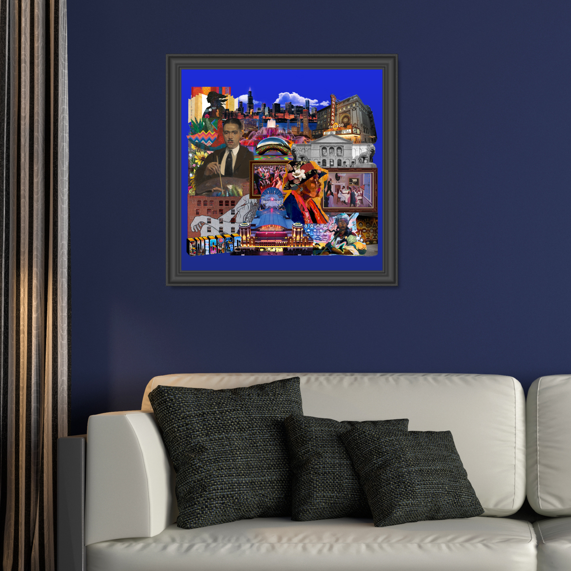 Framed Chicago, IL Art Print in elegant wall decor featuring the architectural beauty of Chicago, street art, and influences from the Harlem Renaissance. A captivating art print for any home, inspired by the Art Institute of Chicago.