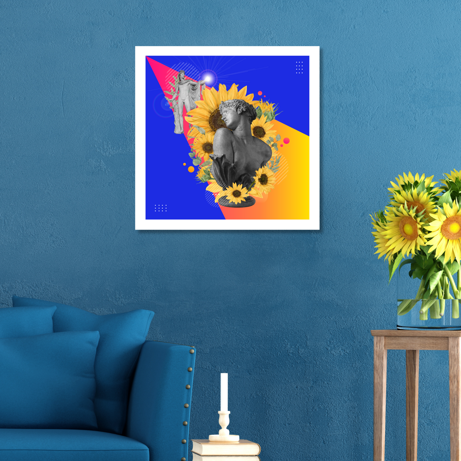 Clytie Art Print displayed on a wall in a stylish home setting, showcasing detailed digital artwork that highlights the mythological beauty and narrative depth of Clytie.