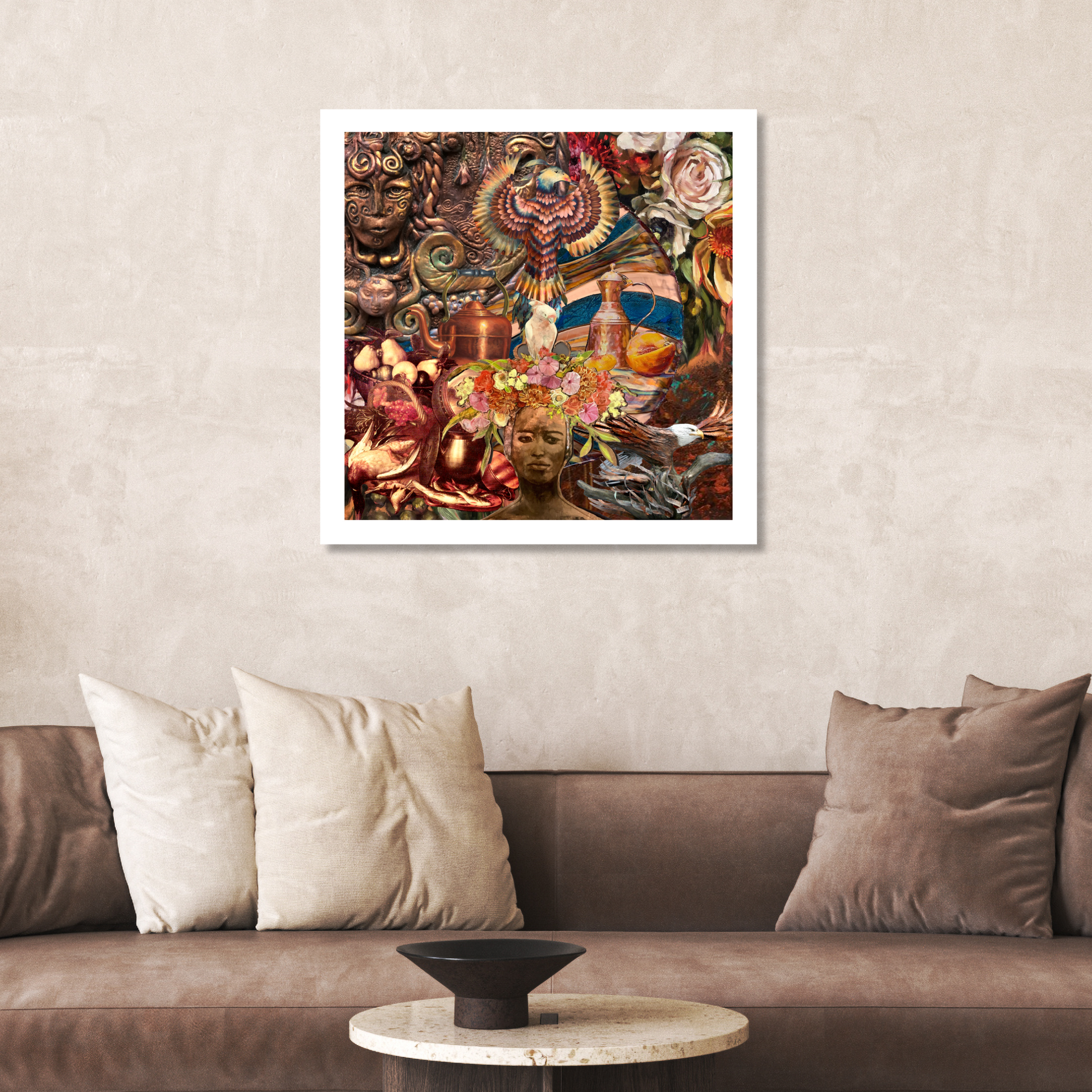 Copper Art Print displayed on a living room wall, adding a warm, rustic touch to modern home decor.