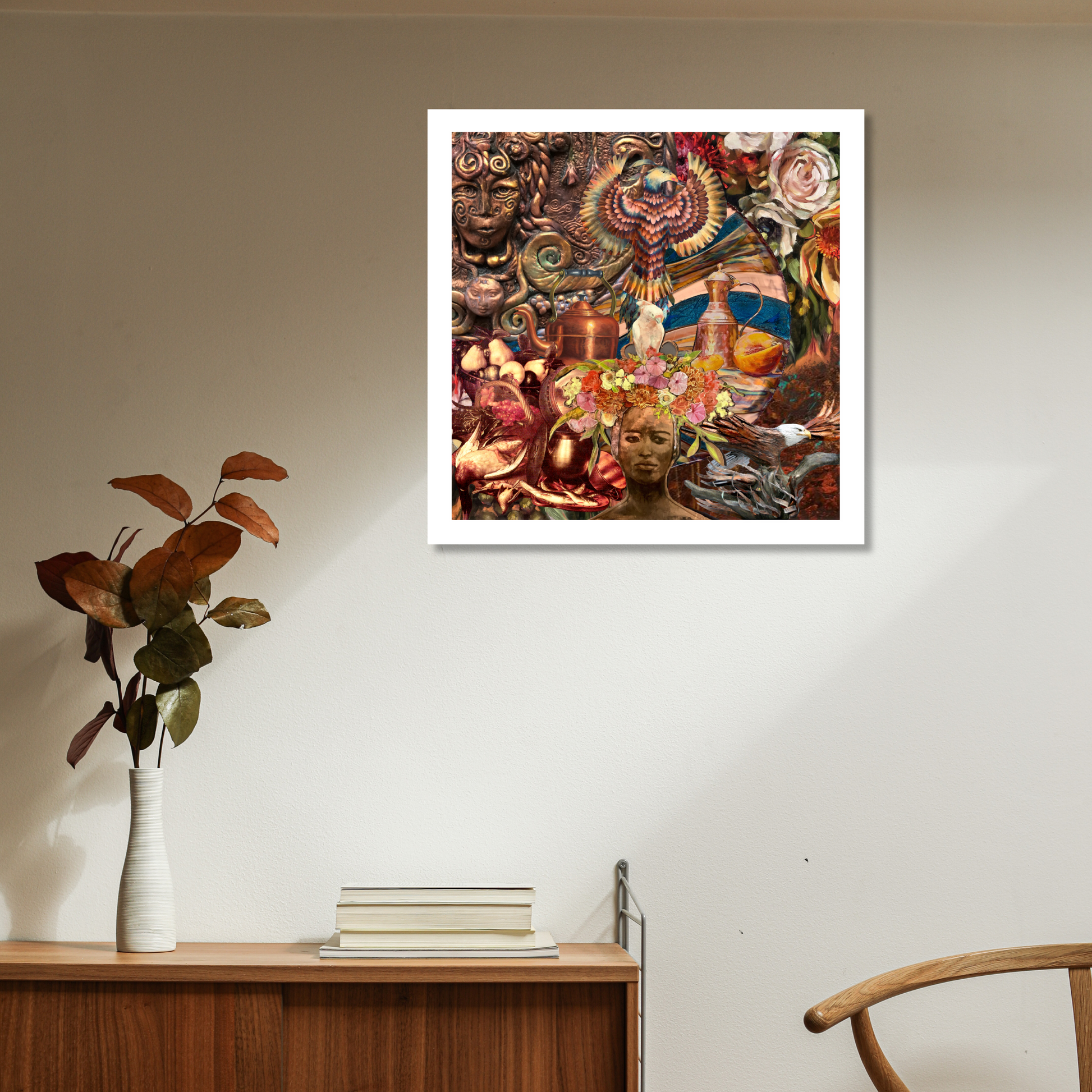 Copper Art Print showcased on a living room wall, bringing a cozy, rustic charm to contemporary home decor.