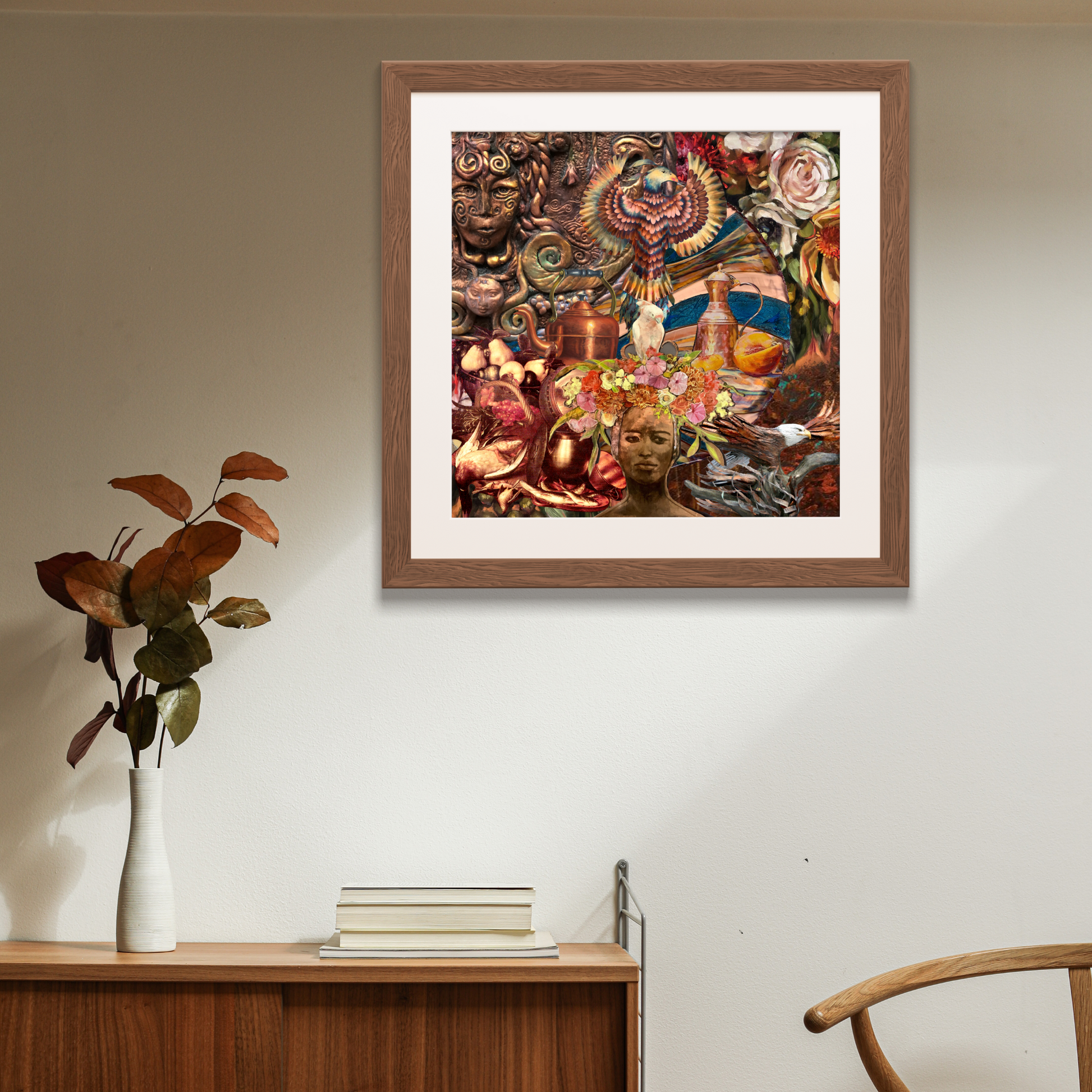 Framed Copper Art Print in a snug living space, offering a perfect blend of natural tones and contemporary charm.