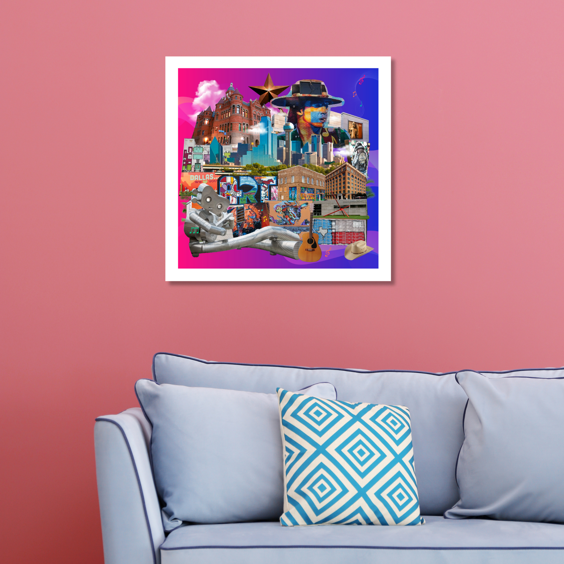 Dallas, Texas Art Print displayed on a home wall, showcasing vivid original artwork with iconic Dallas street art, a lone star, guitar, and cowboy hat. Perfect for home decor.