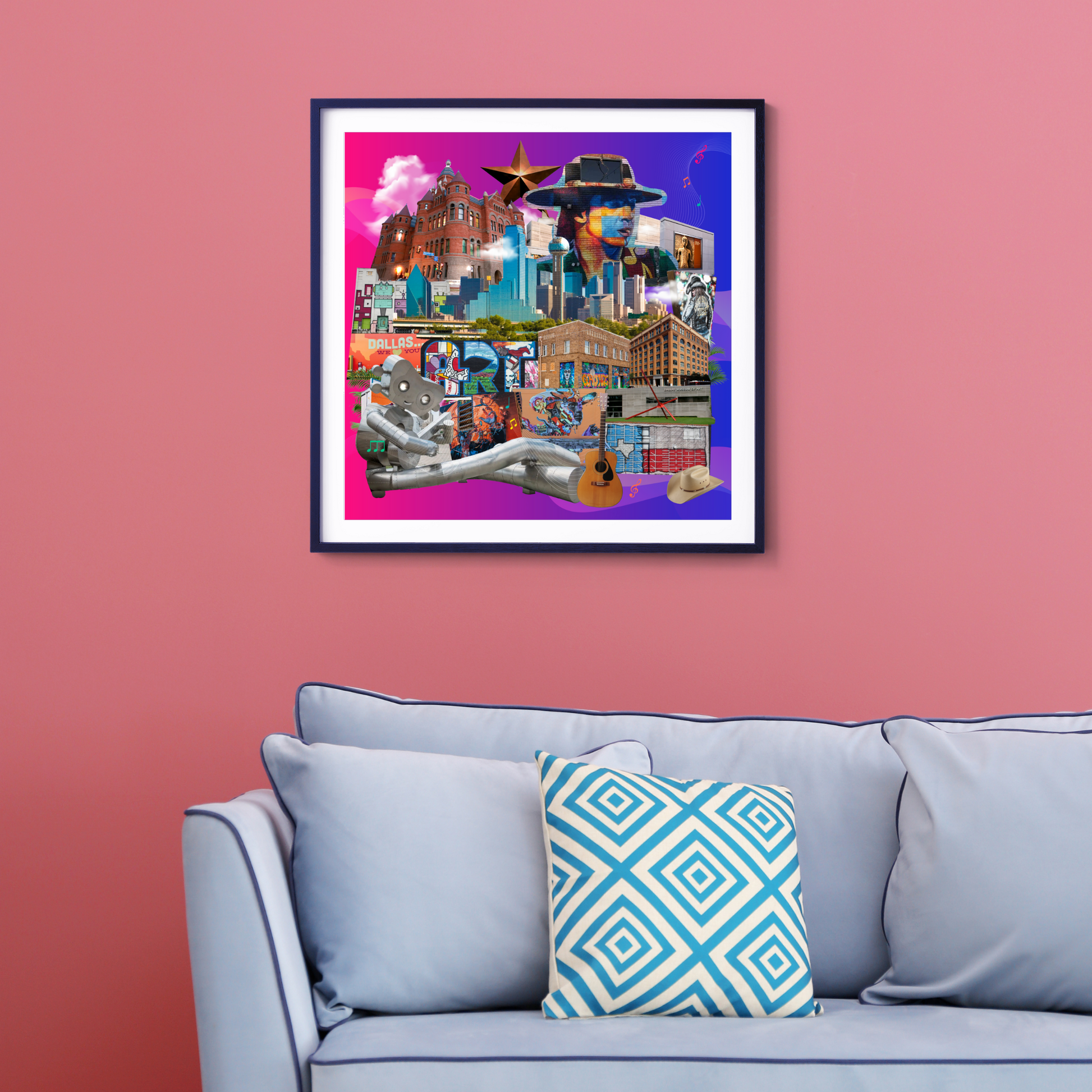Framed Dallas, Texas Art Print on a home wall, featuring detailed original collage of Dallas’s street art, lone star, guitar, and cowboy hat. Adds a unique touch to any room.