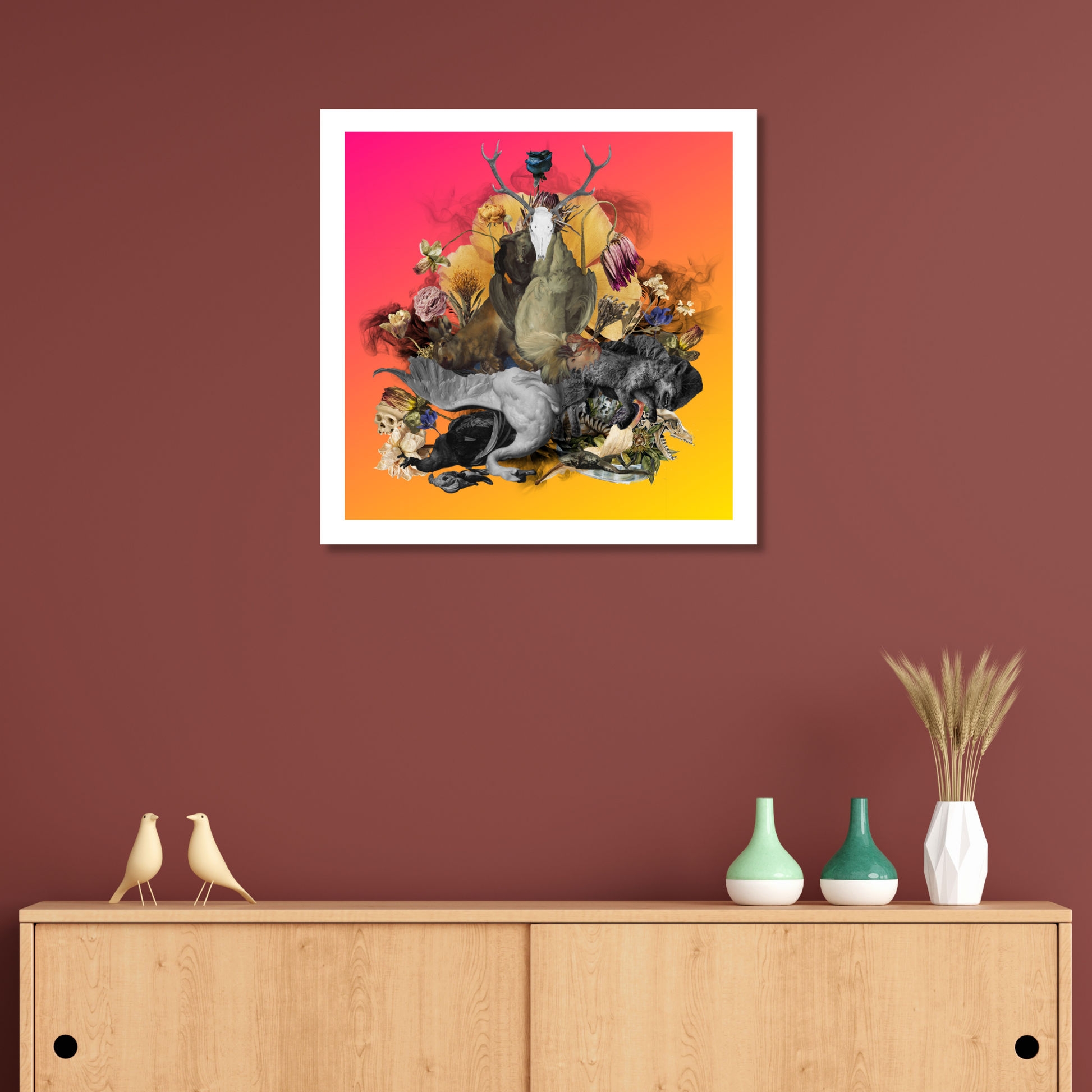 Dead Animals Art Print displayed in a modern living room. The print showcases a refined portrayal of dead animals, adding a unique and thought-provoking touch to the decor.