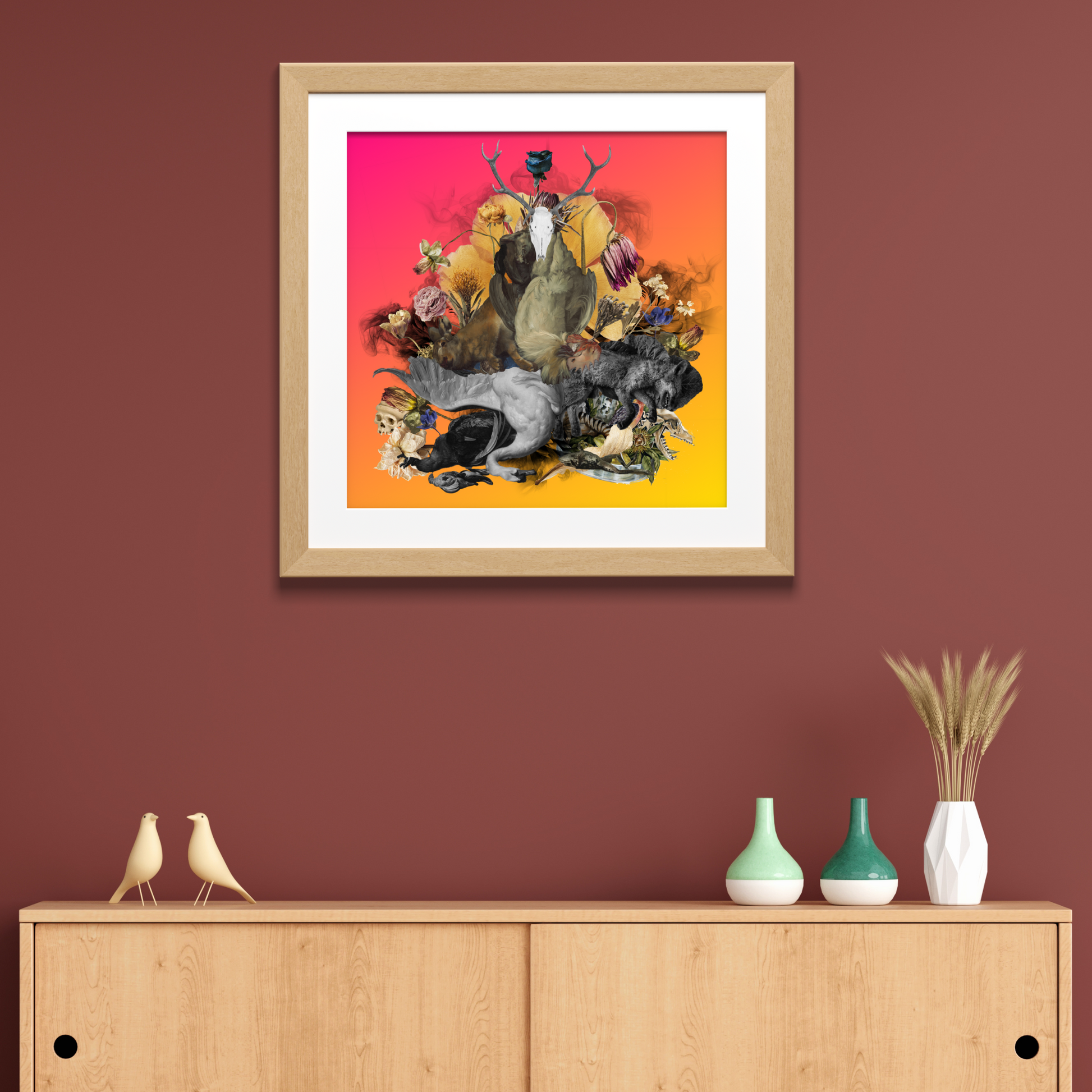 Framed Dead Animals Art Print in a stylish living room. The artwork features a sophisticated depiction of dead animals, enhancing the space with its distinctive and elegant design.