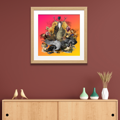 Framed Dead Animals Art Print in a stylish living room. The artwork features a sophisticated depiction of dead animals, enhancing the space with its distinctive and elegant design.