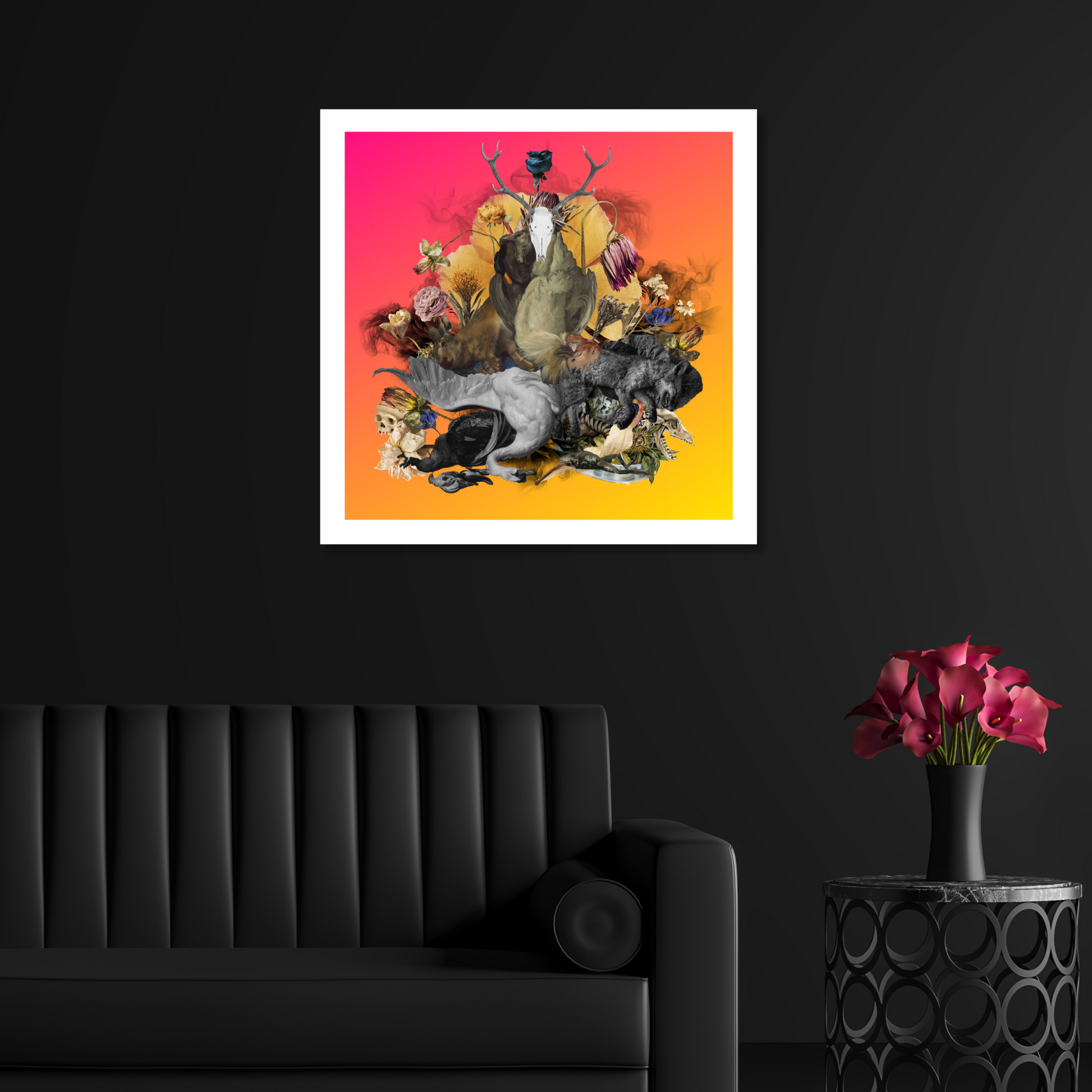 Decomposer Art Print displayed in a modern living room. The print illustrates the vital role of decomposers in nature, adding sophistication and natural insight to the room's decor.