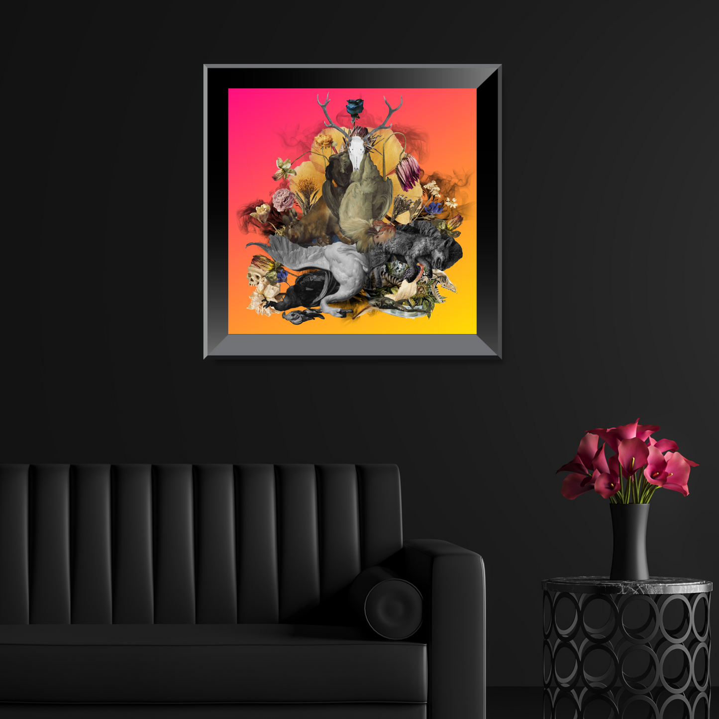 Framed Decomposer Art Print in a stylish living room. The artwork features nature’s decomposers and highlights the themes of renewal and transformation, enhancing the room with its elegant design.