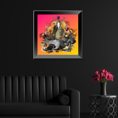 Framed Decomposer Art Print in a stylish living room. The artwork features nature’s decomposers and highlights the themes of renewal and transformation, enhancing the room with its elegant design.