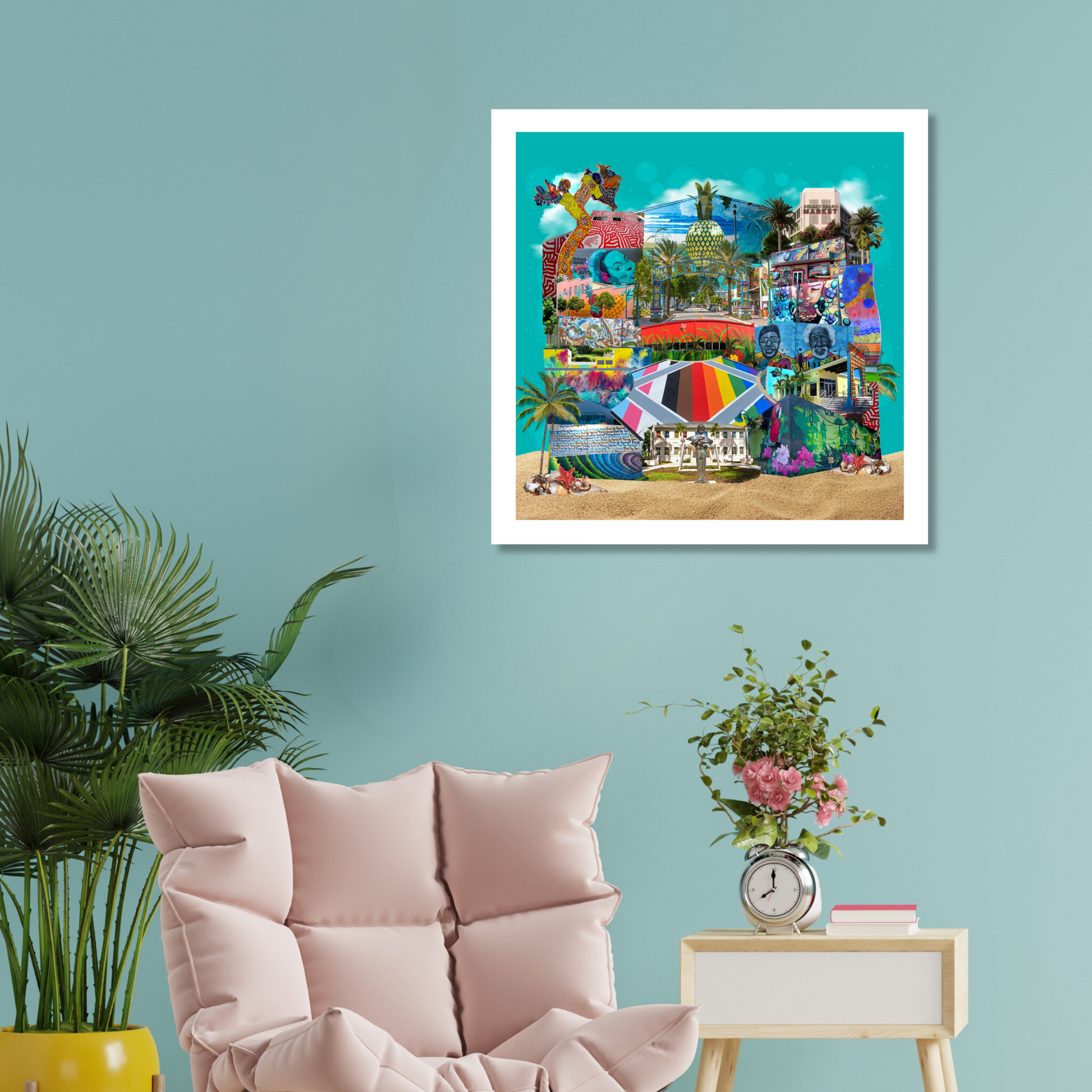 Delray Beach, Florida Art Print hanging on a wall in a home, featuring colorful street art, beach symbols, and highlighting the city’s art walk culture.