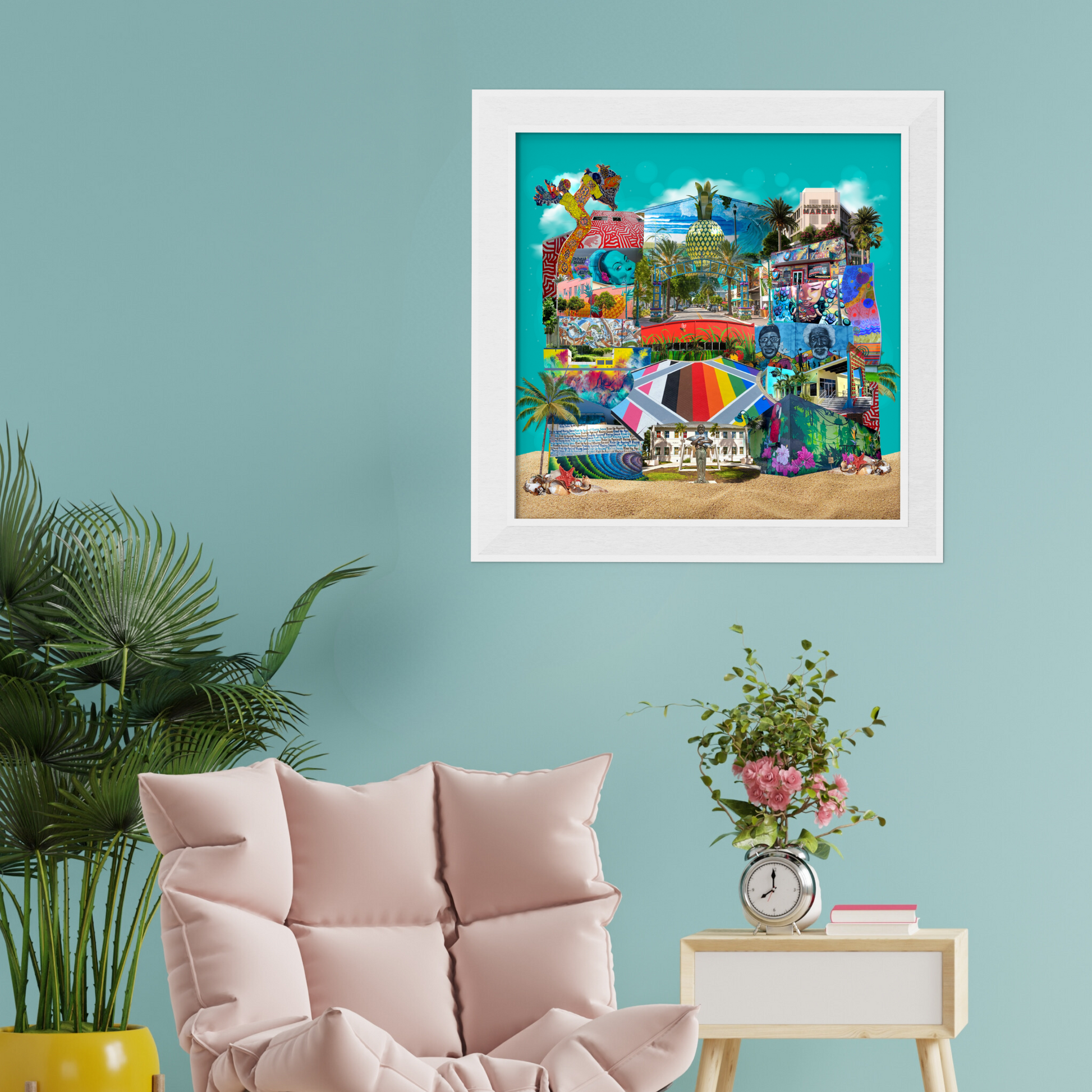 Framed Delray Beach, Florida Art Print displayed on a wall, capturing lively street art and beach elements. A great choice from our cities series collection.