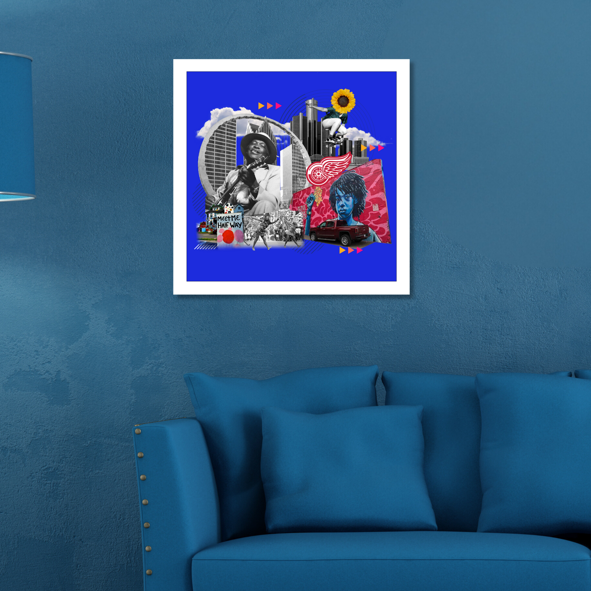 Detroit, MI Art Print displayed on a wall in a home, featuring detailed city icons, Detroit street art, and Red Wings symbols. Adds a vibrant touch to any room.